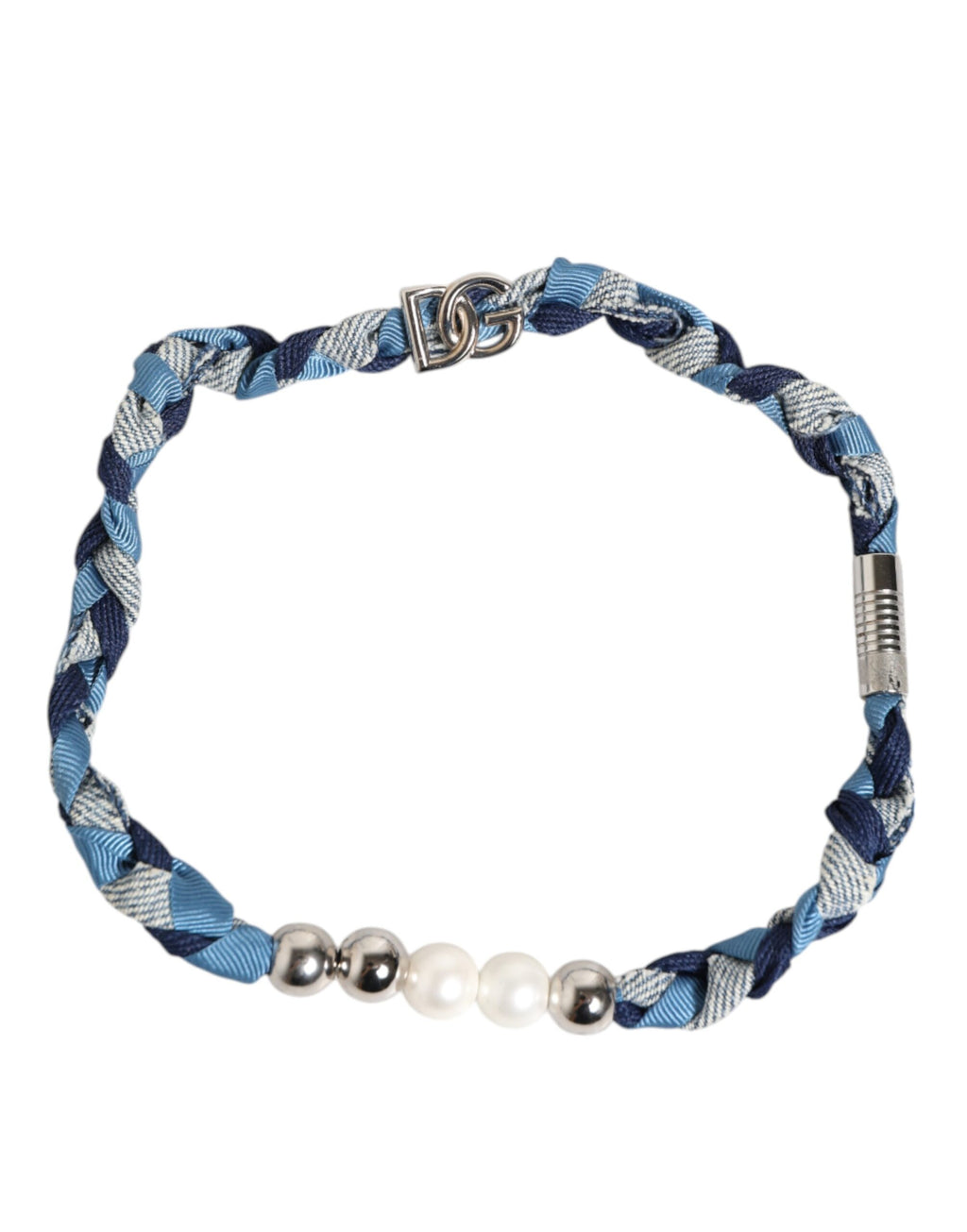 Bracciale da uomo Dolce & Gabbana blu e bianco in metallo argentato intrecciato con logo e perline