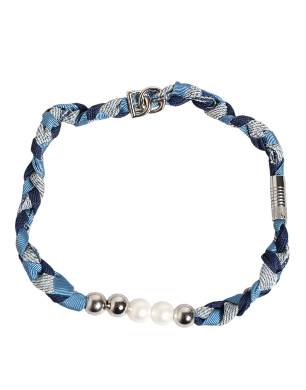 Bracciale da uomo Dolce & Gabbana blu e bianco in metallo argentato intrecciato con logo e perline