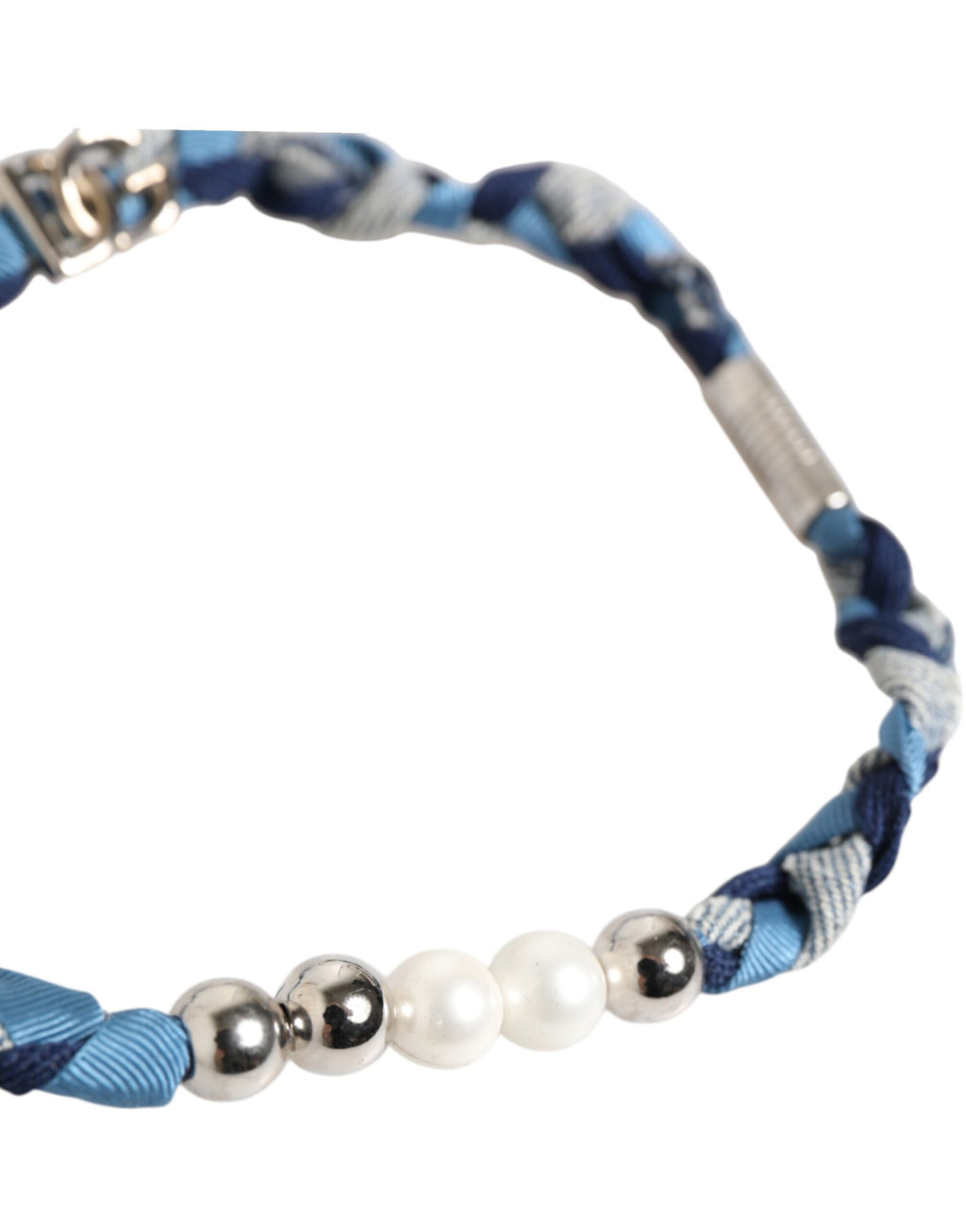 Bracciale da uomo Dolce & Gabbana blu e bianco in metallo argentato intrecciato con logo e perline
