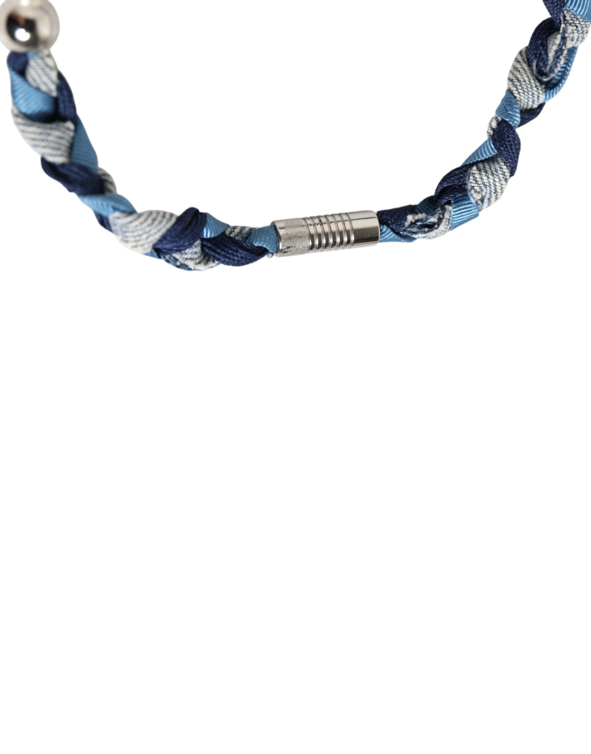 Bracciale da uomo Dolce & Gabbana blu e bianco in metallo argentato intrecciato con logo e perline