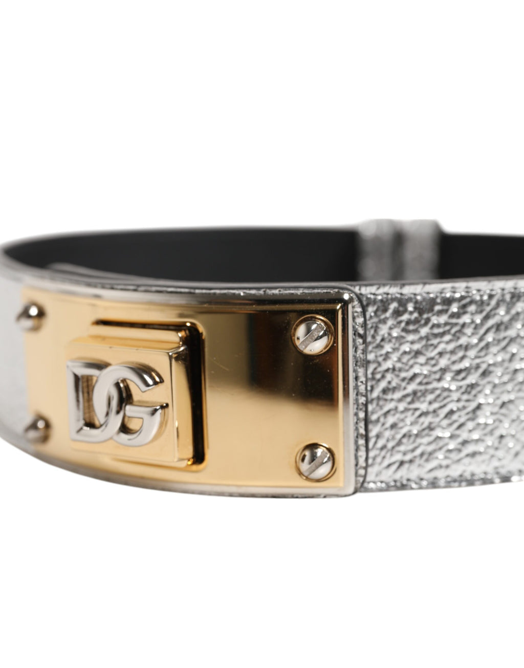 Dolce & Gabbana Fascia da Collo in Pelle Testurizzata Argento con Metallo Color Oro