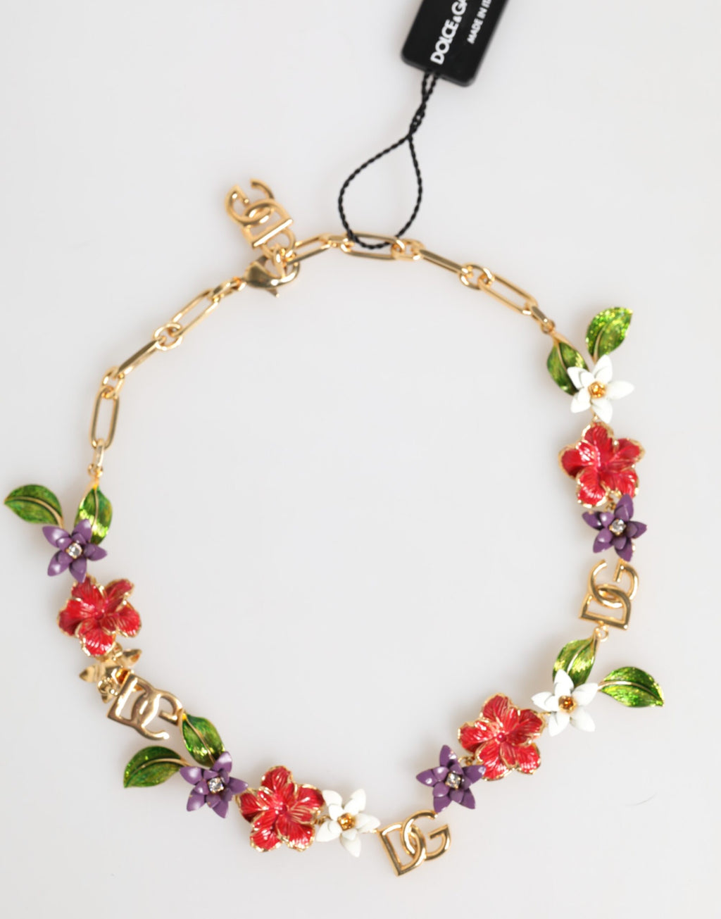 Collana Dolce & Gabbana con logo in ottone dorato e dettagli floreali, gioielli di moda