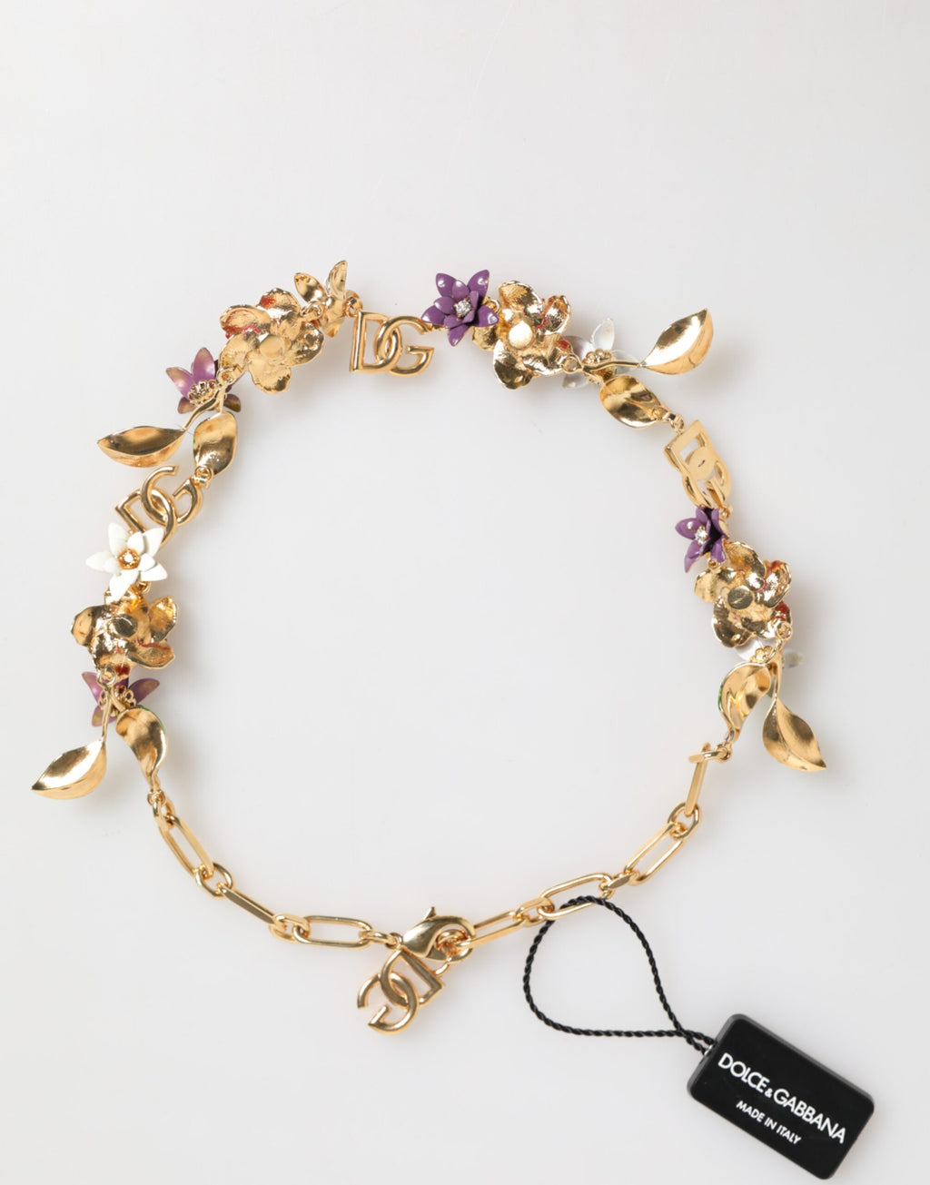 Collana Dolce & Gabbana con logo in ottone dorato e dettagli floreali, gioielli di moda