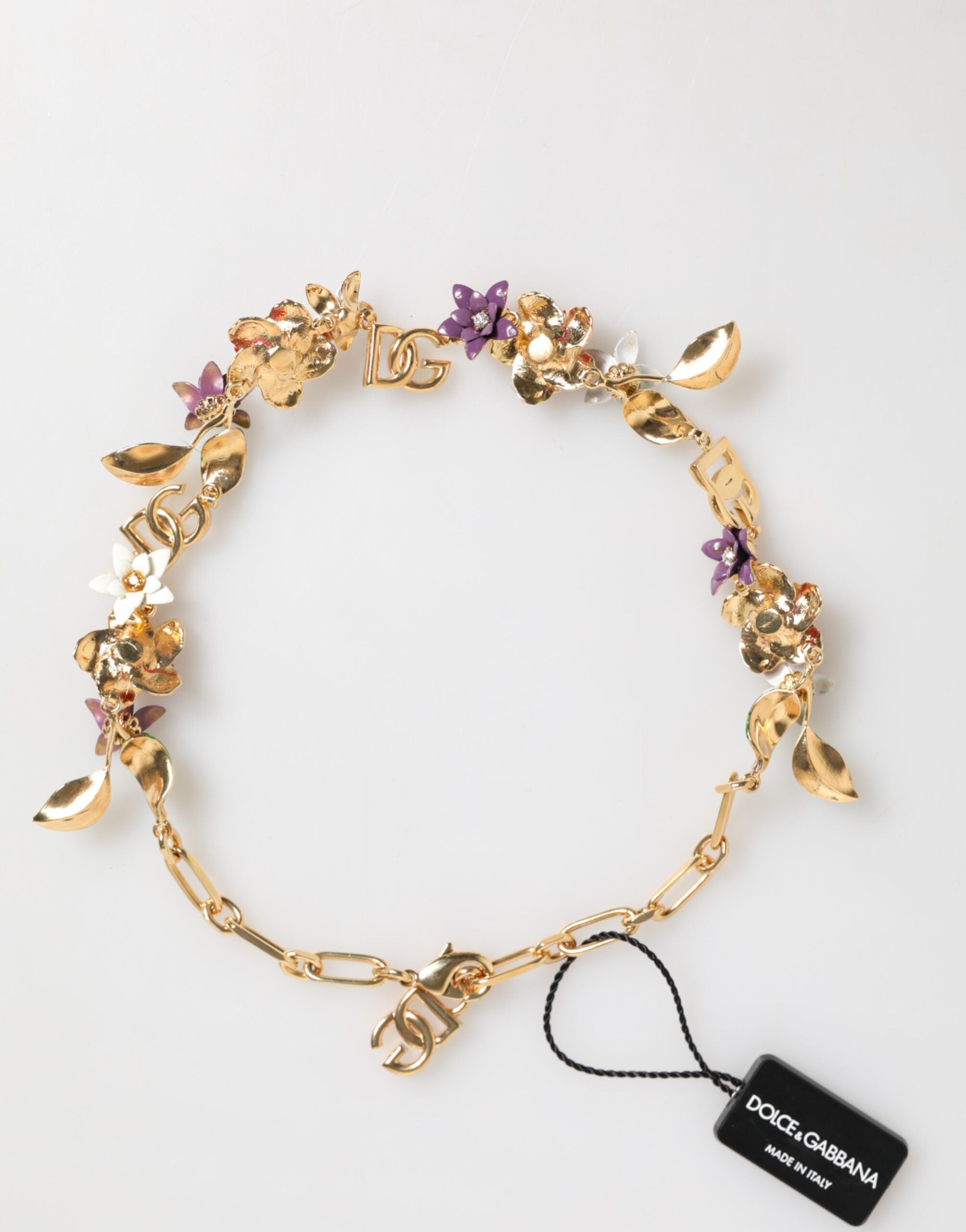 Collana Dolce & Gabbana con logo in ottone dorato e dettagli floreali, gioielli di moda