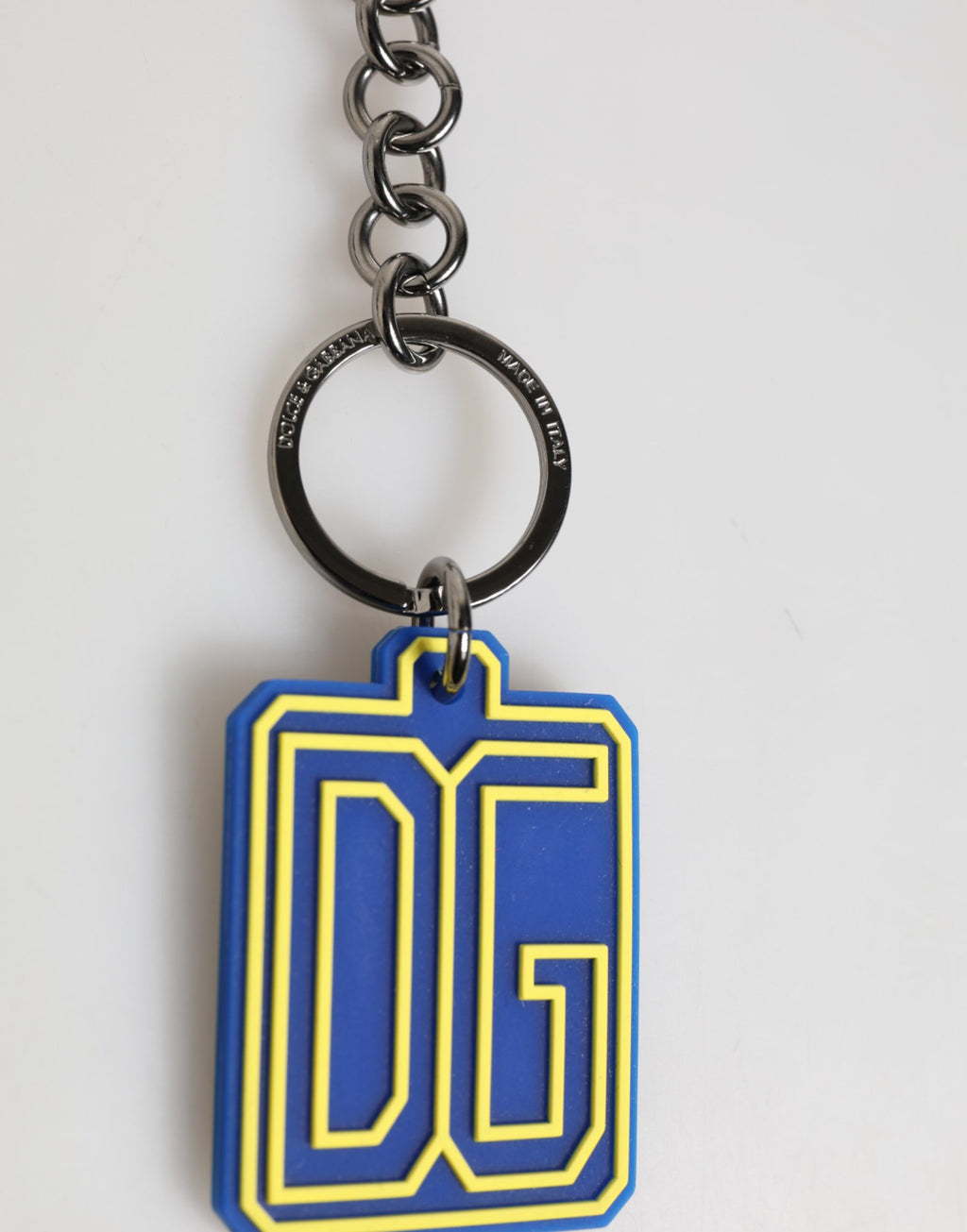 Dolce & Gabbana Portachiavi Uomo Argento con Logo DG in Gomma Blu Giallo