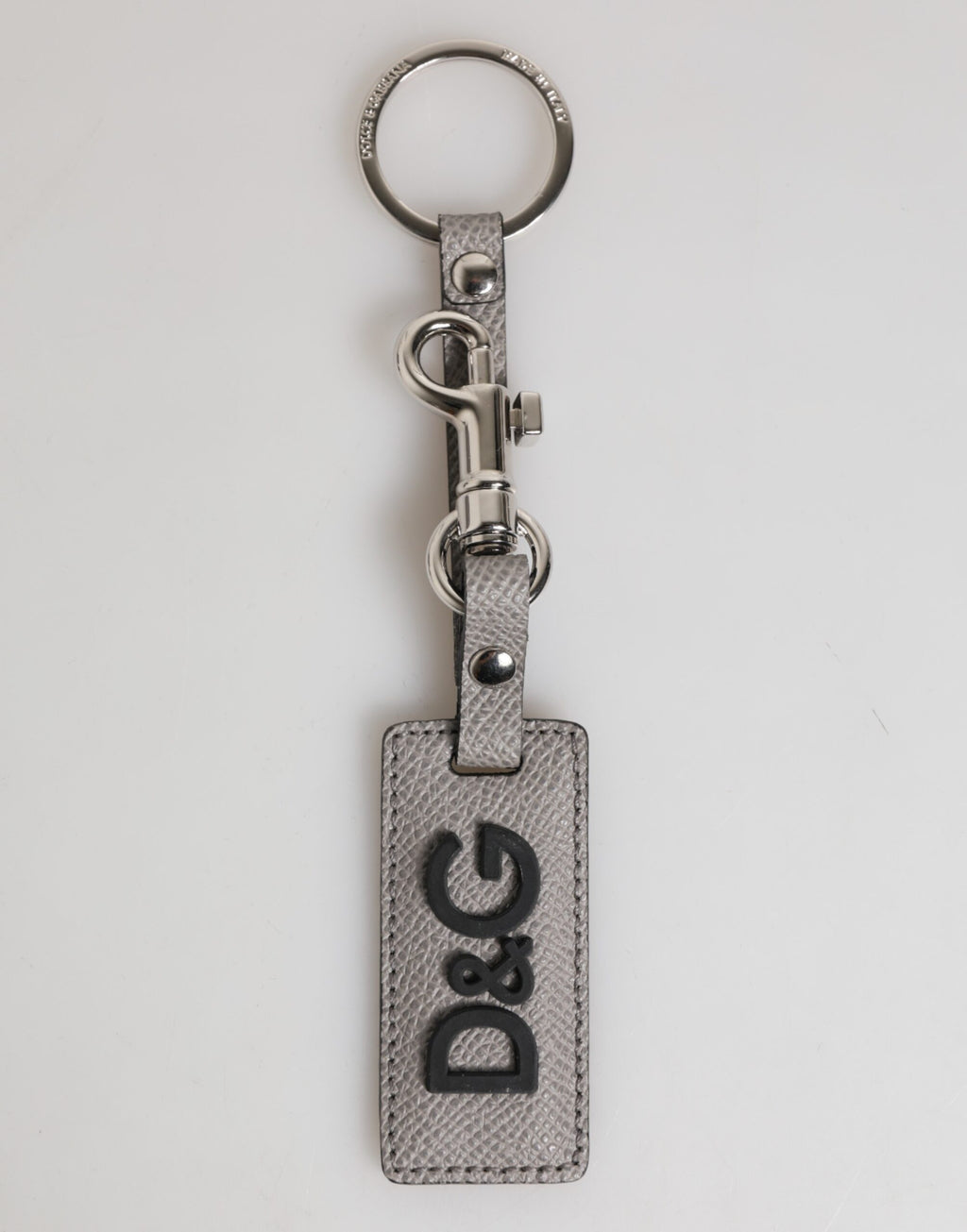 Dolce & Gabbana Portachiavi Uomo in Pelle Grigia con Anello e Logo in Metallo