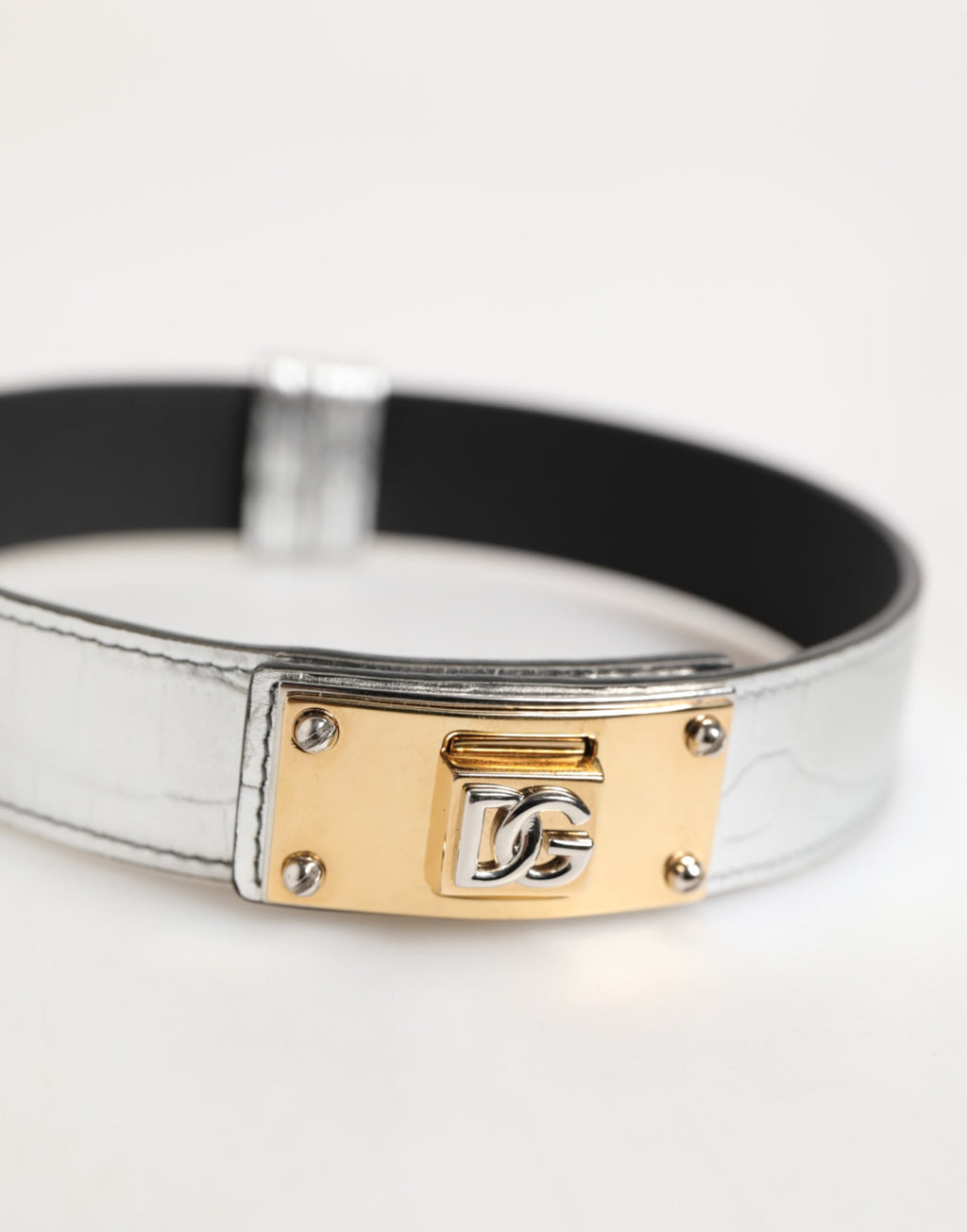 Dolce & Gabbana Fascia da Collo in Pelle Testurizzata Argento con Metallo Color Oro