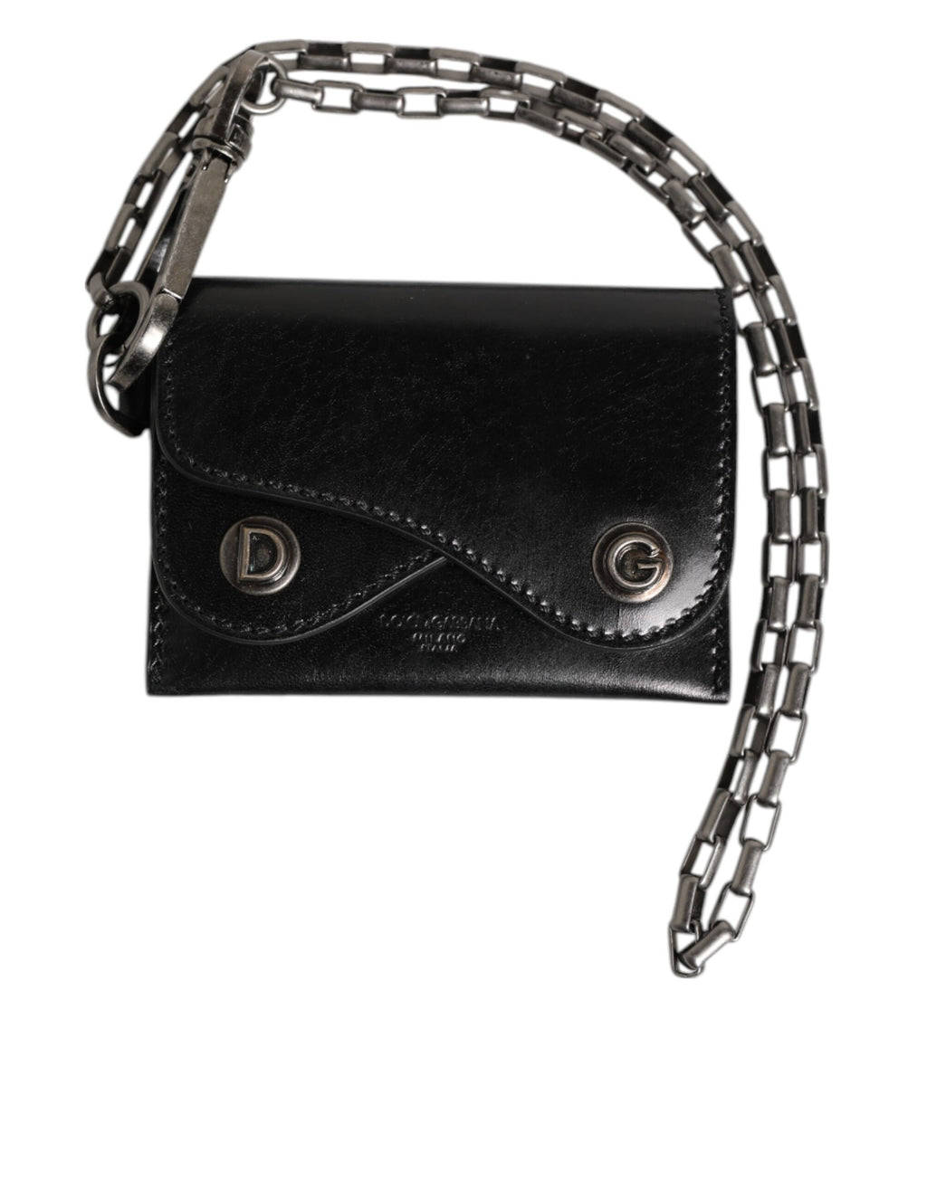 Dolce & Gabbana Portafoglio in Pelle di Cavallo Nera con Catena e Bottone Automatico Bifold Portacarte