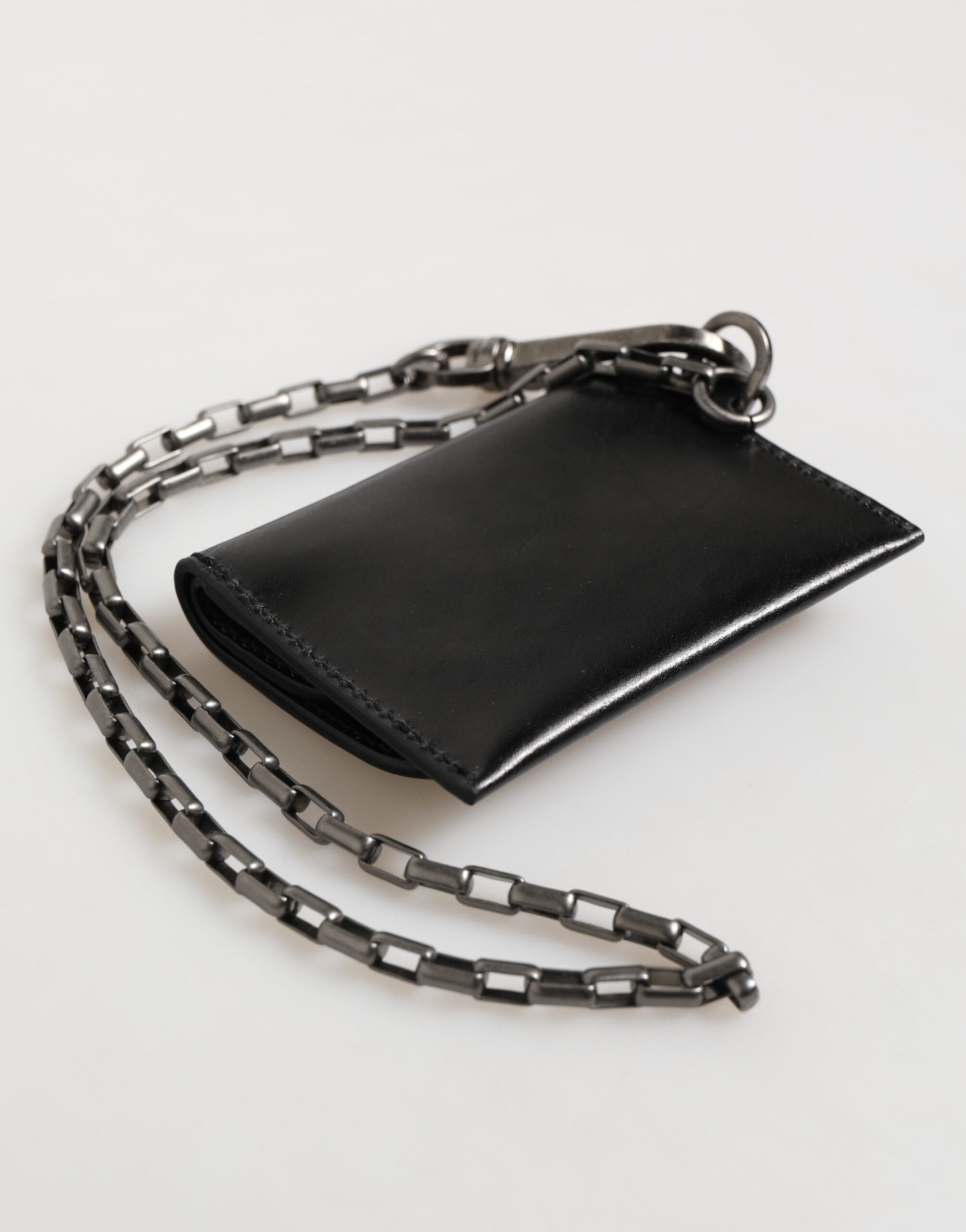 Dolce & Gabbana Portafoglio in Pelle di Cavallo Nera con Catena e Bottone Automatico Bifold Portacarte