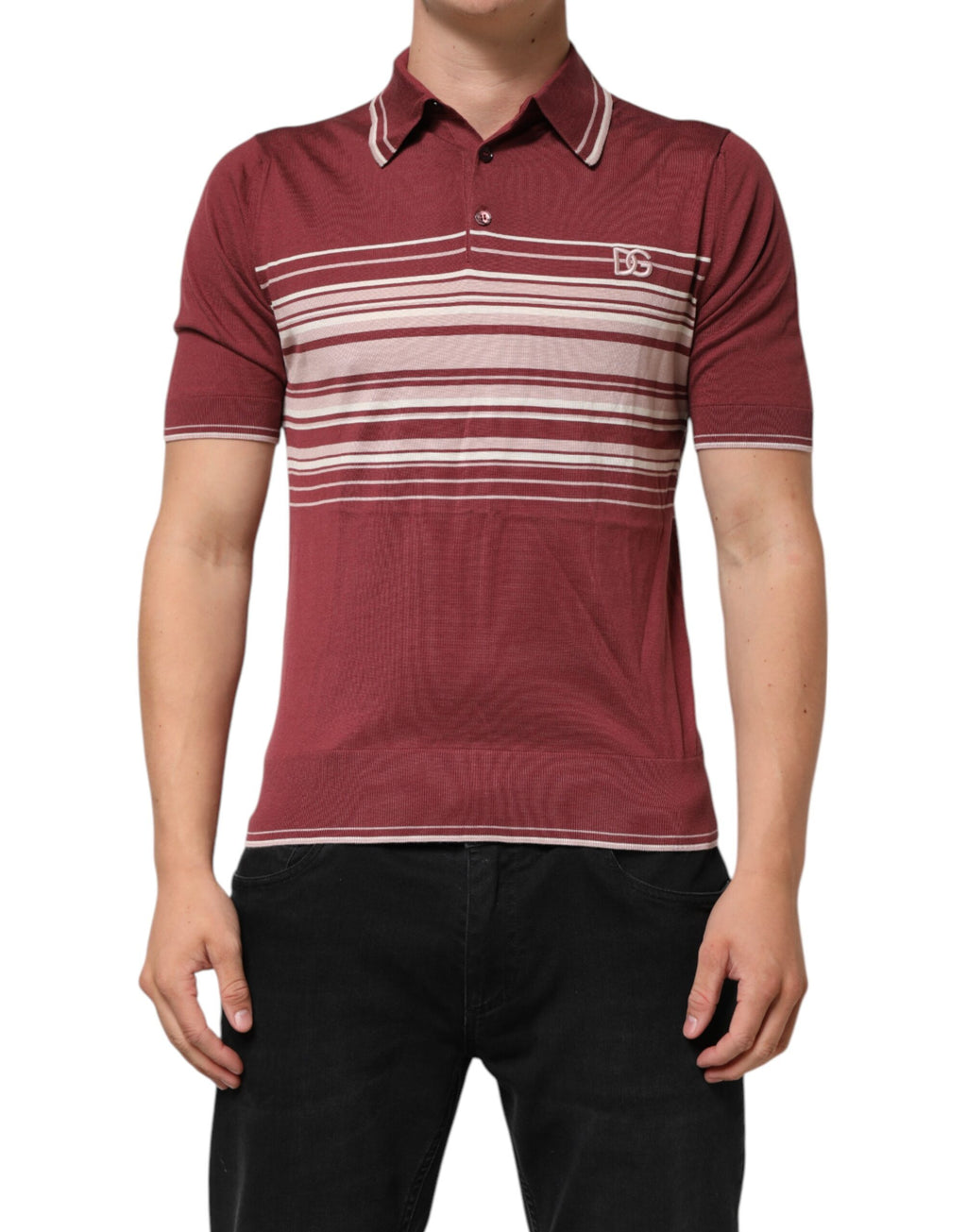T-shirt Polo Dolce & Gabbana In Cotone Bordeaux A Righe Con Logo DG