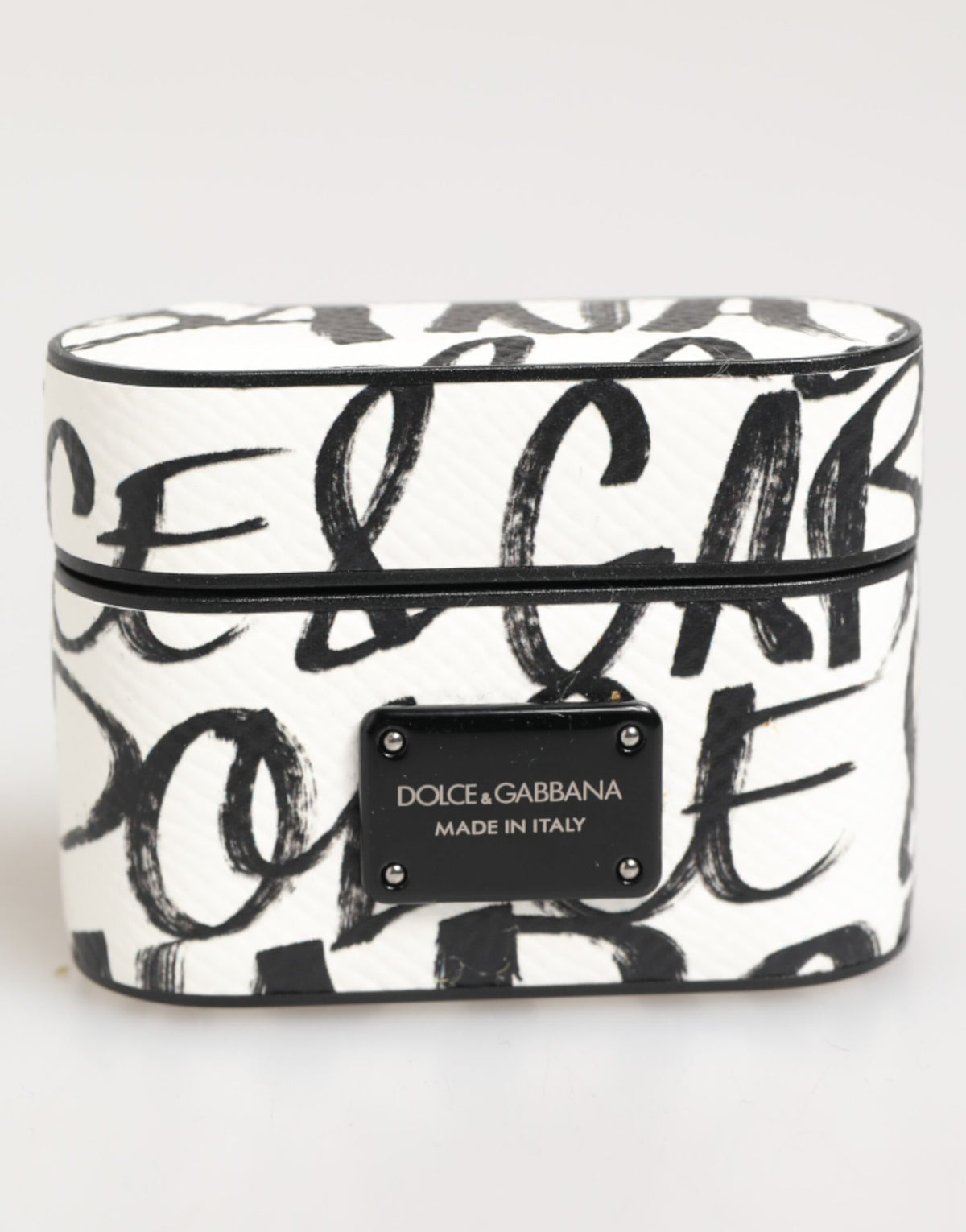Dolce & Gabbana Custodia Nera Bianca in Pelle con Stampa Monogramma Logo per Airpods