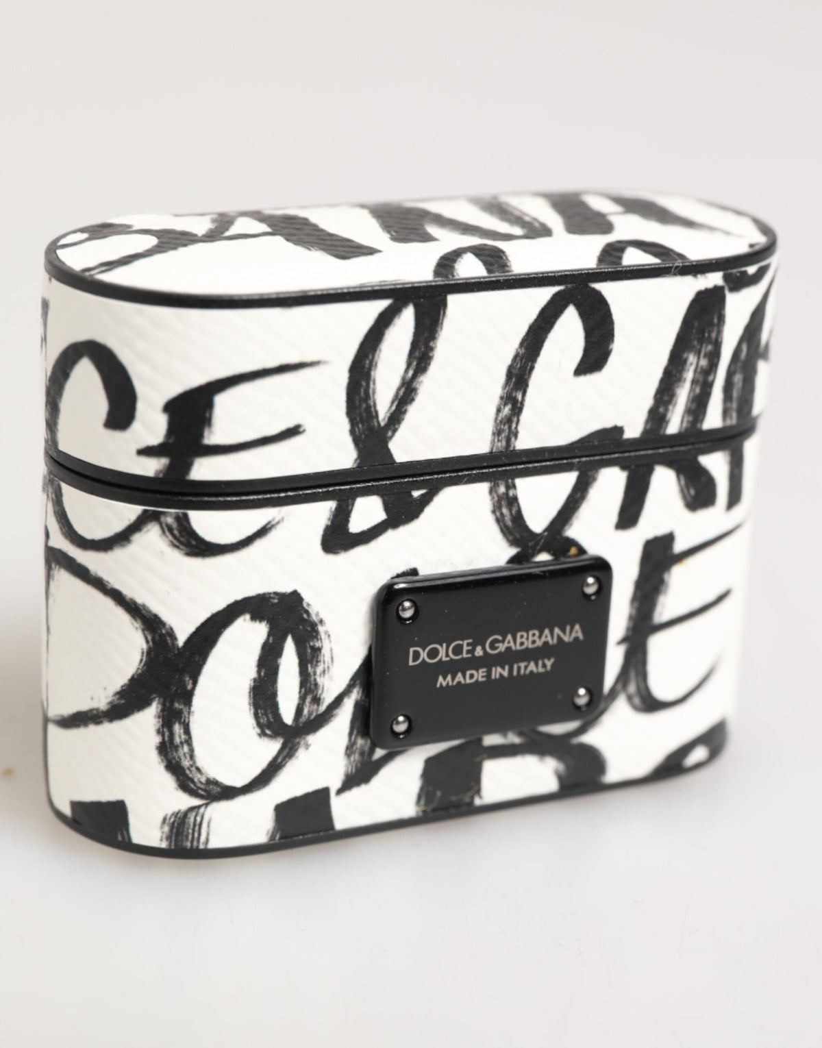 Dolce & Gabbana Custodia Nera Bianca in Pelle con Stampa Monogramma Logo per Airpods