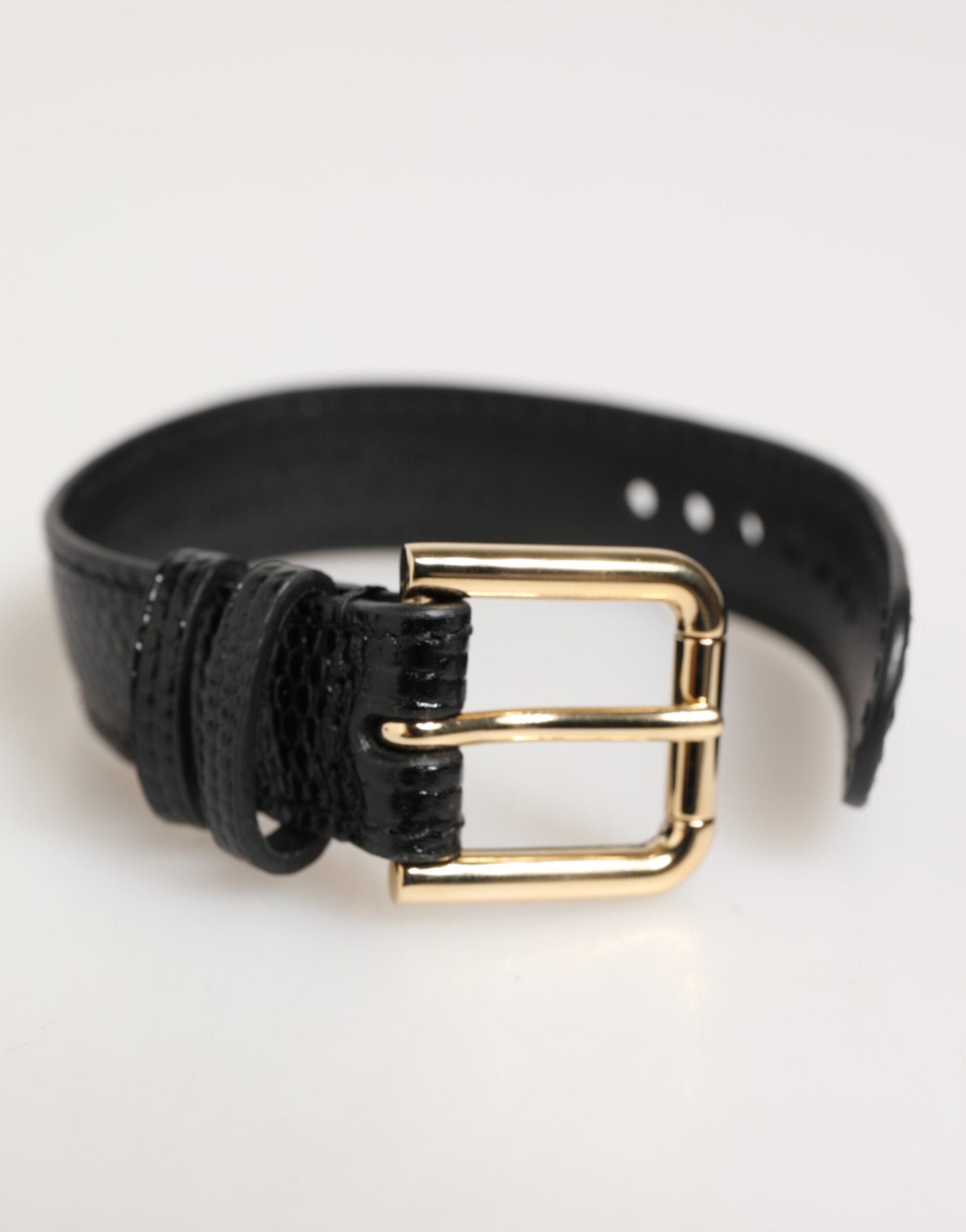 Dolce & Gabbana Bracciale Cinturino in Pelle Nera Goffrata con Fibbia Dorata