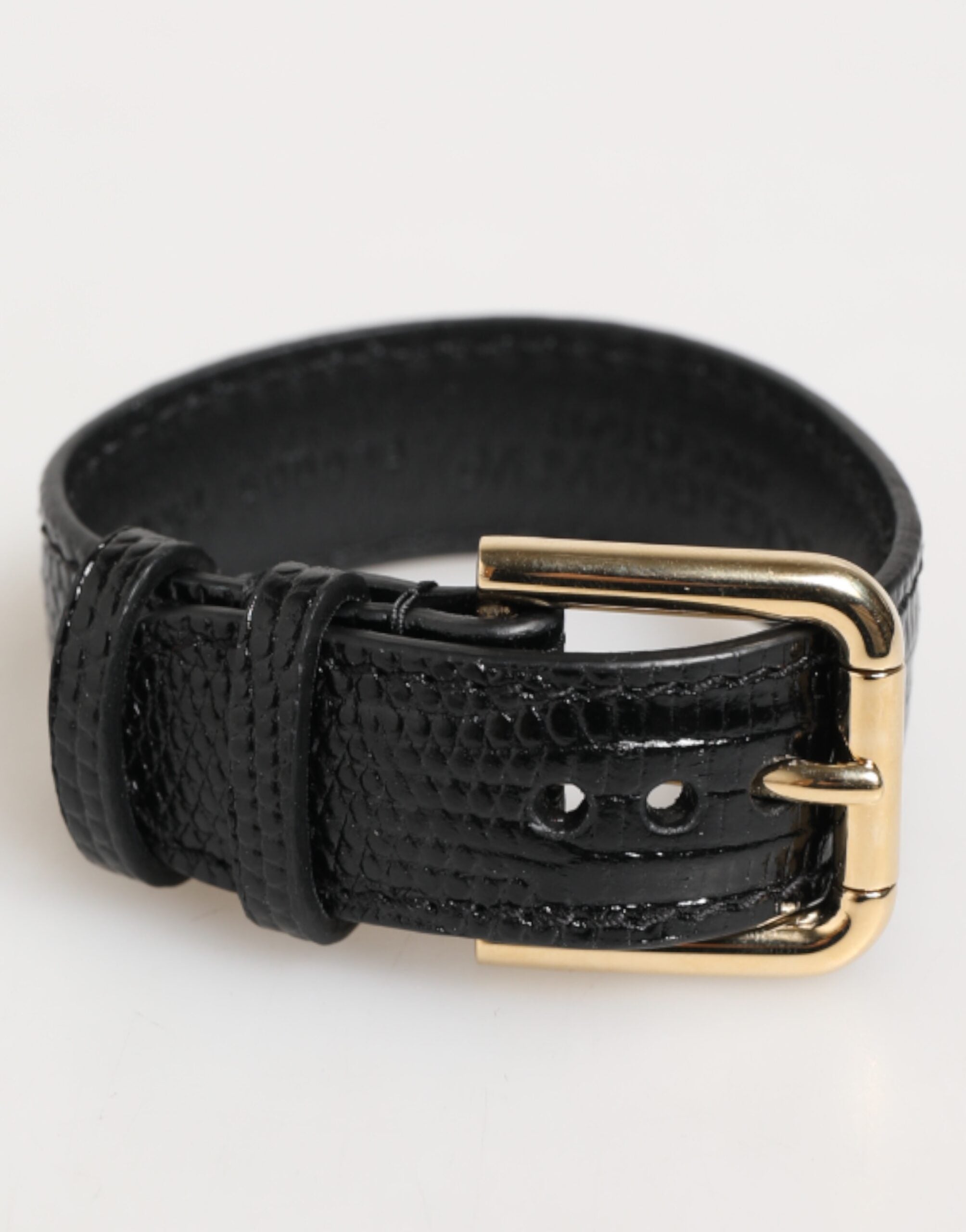 Dolce & Gabbana Bracciale Cinturino in Pelle Nera Goffrata con Fibbia Dorata