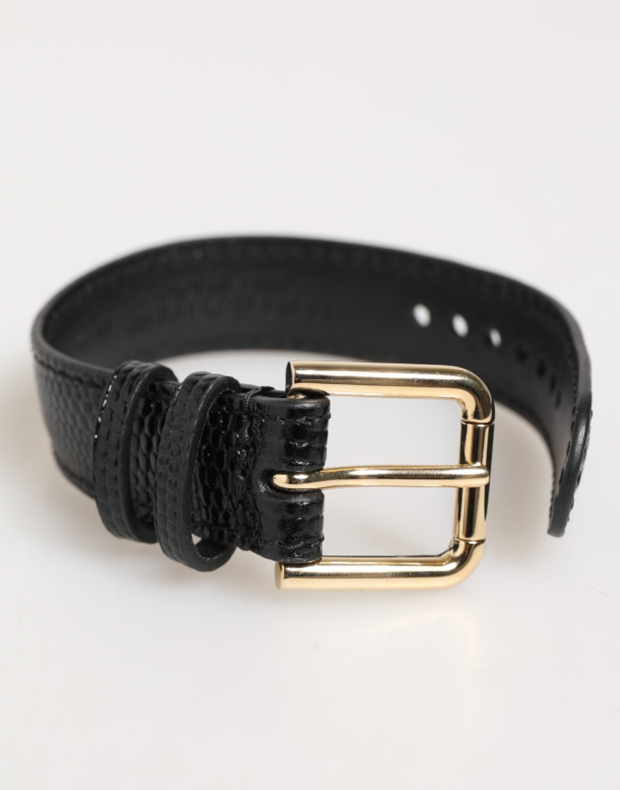 Dolce & Gabbana Bracciale Cinturino in Pelle Nera Goffrata con Fibbia Dorata