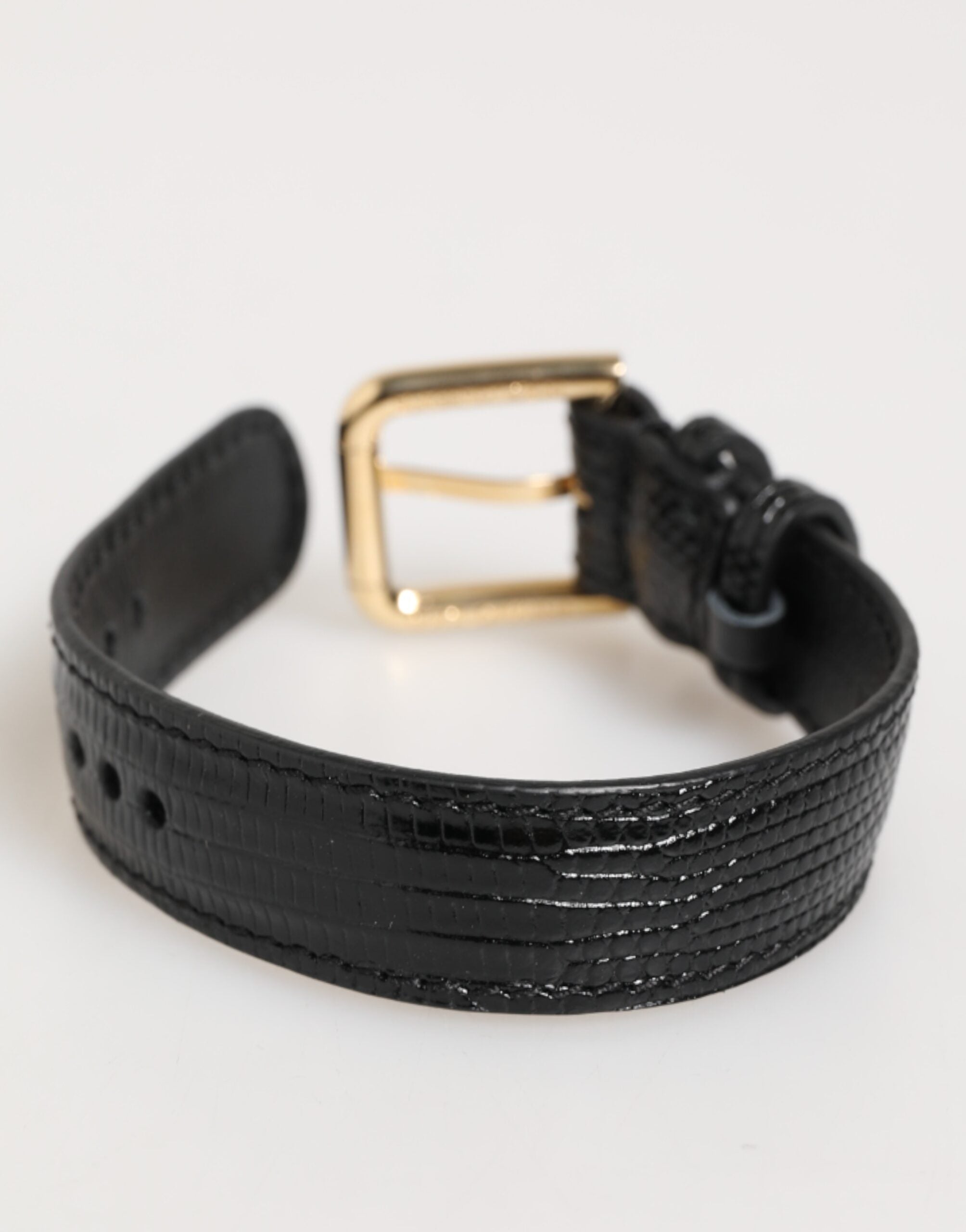 Dolce & Gabbana Bracciale Cinturino in Pelle Nera Goffrata con Fibbia Dorata