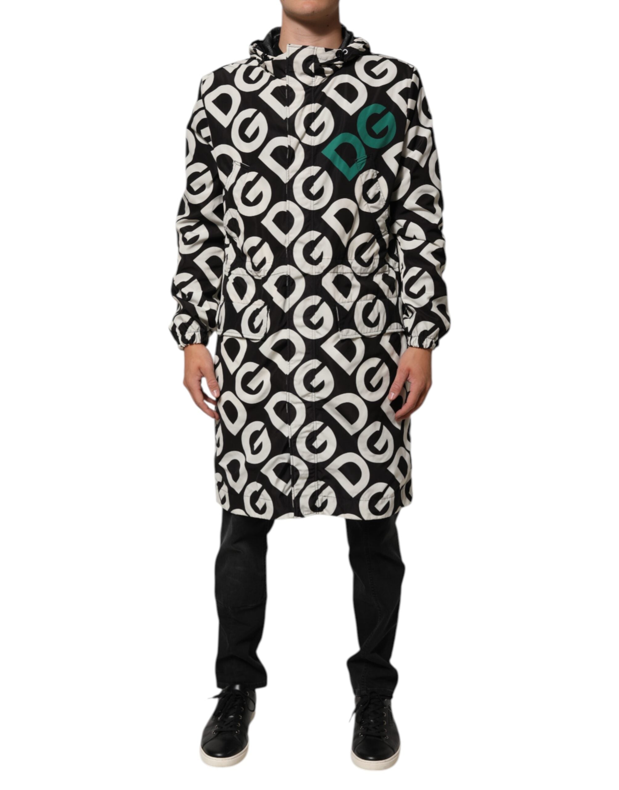 Dolce & Gabbana Cappotto Con Cappuccio Stampa Logo Bianco Nero Giacca da Uomo