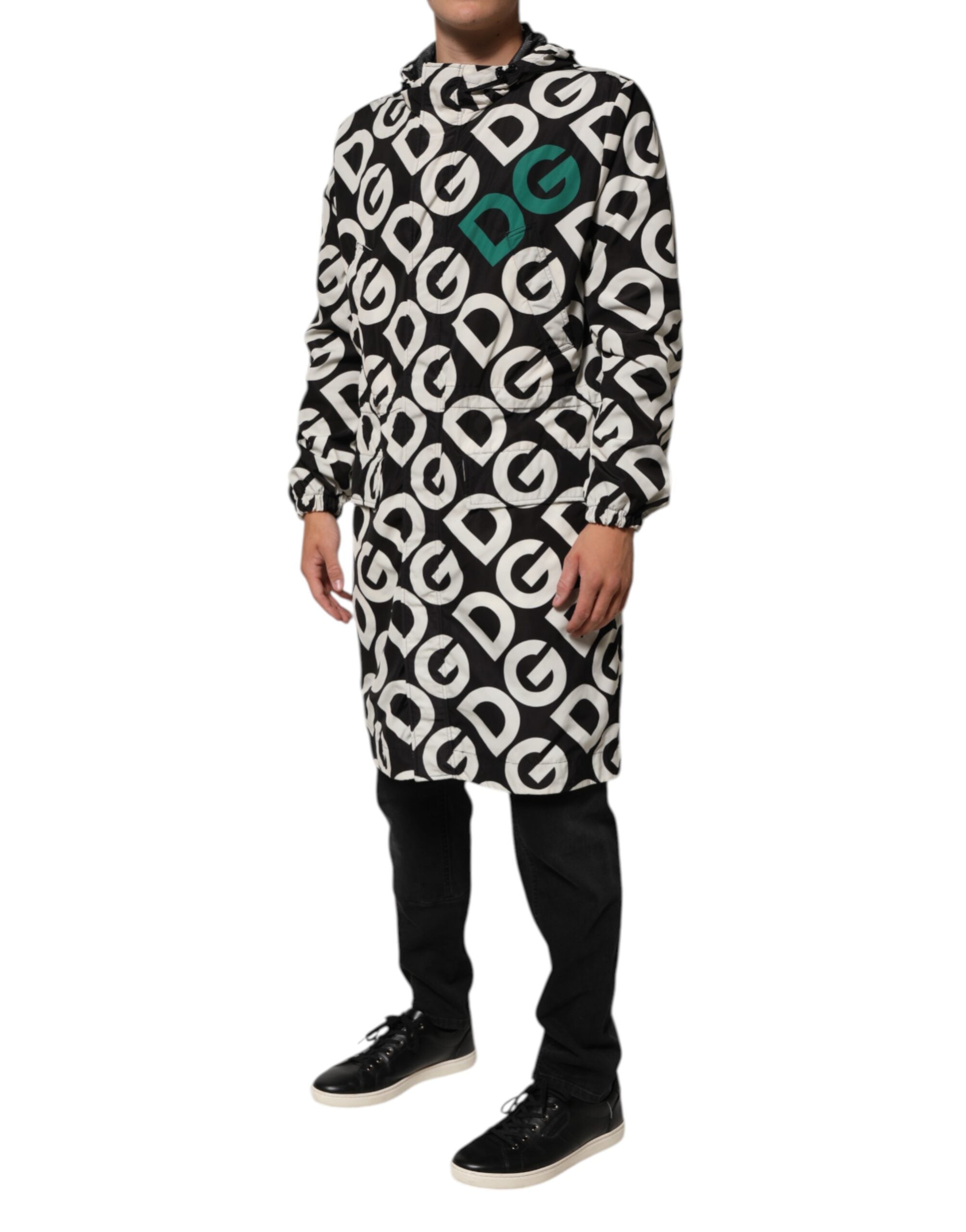 Dolce & Gabbana Cappotto Con Cappuccio Stampa Logo Bianco Nero Giacca da Uomo