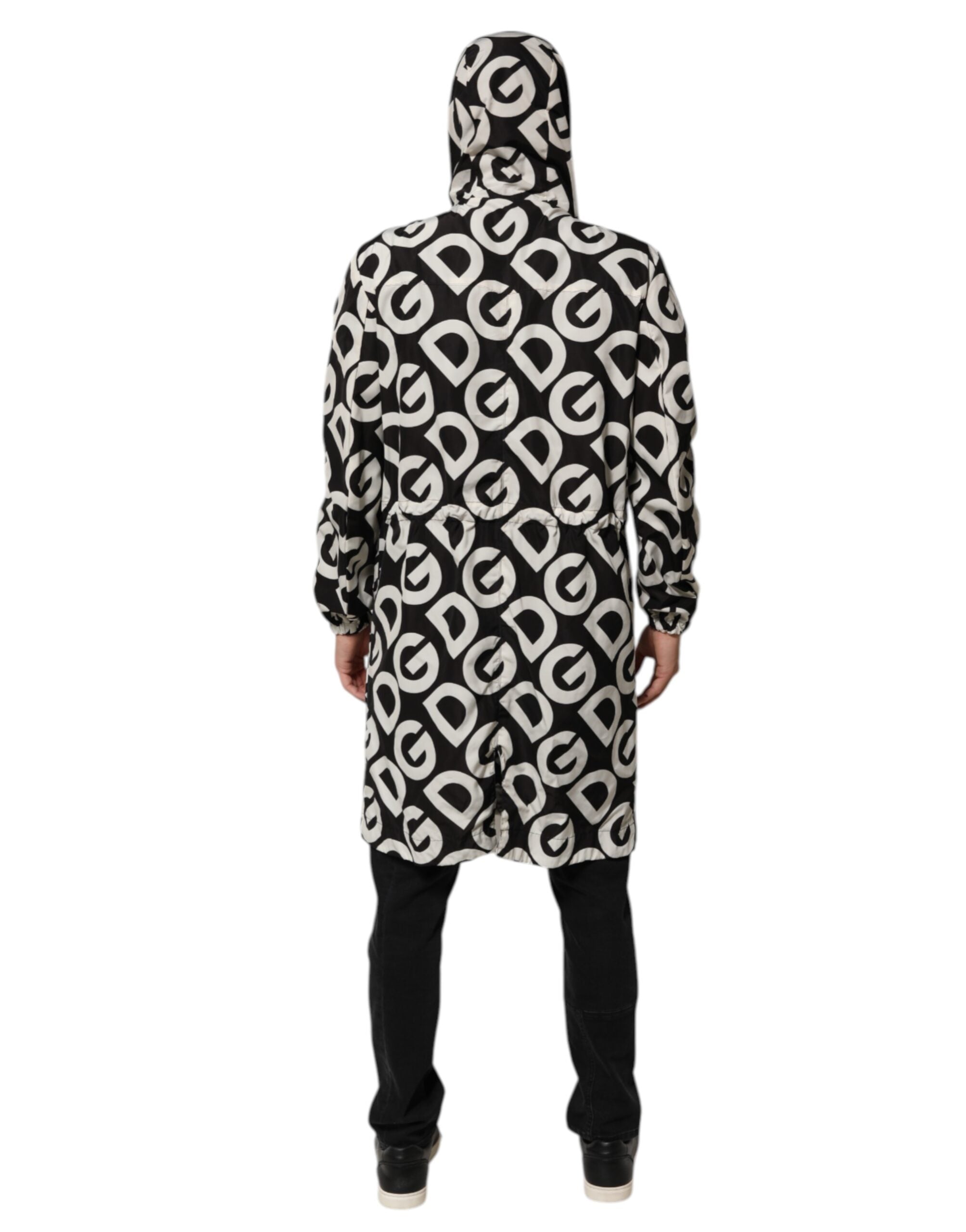 Dolce & Gabbana Cappotto Con Cappuccio Stampa Logo Bianco Nero Giacca da Uomo