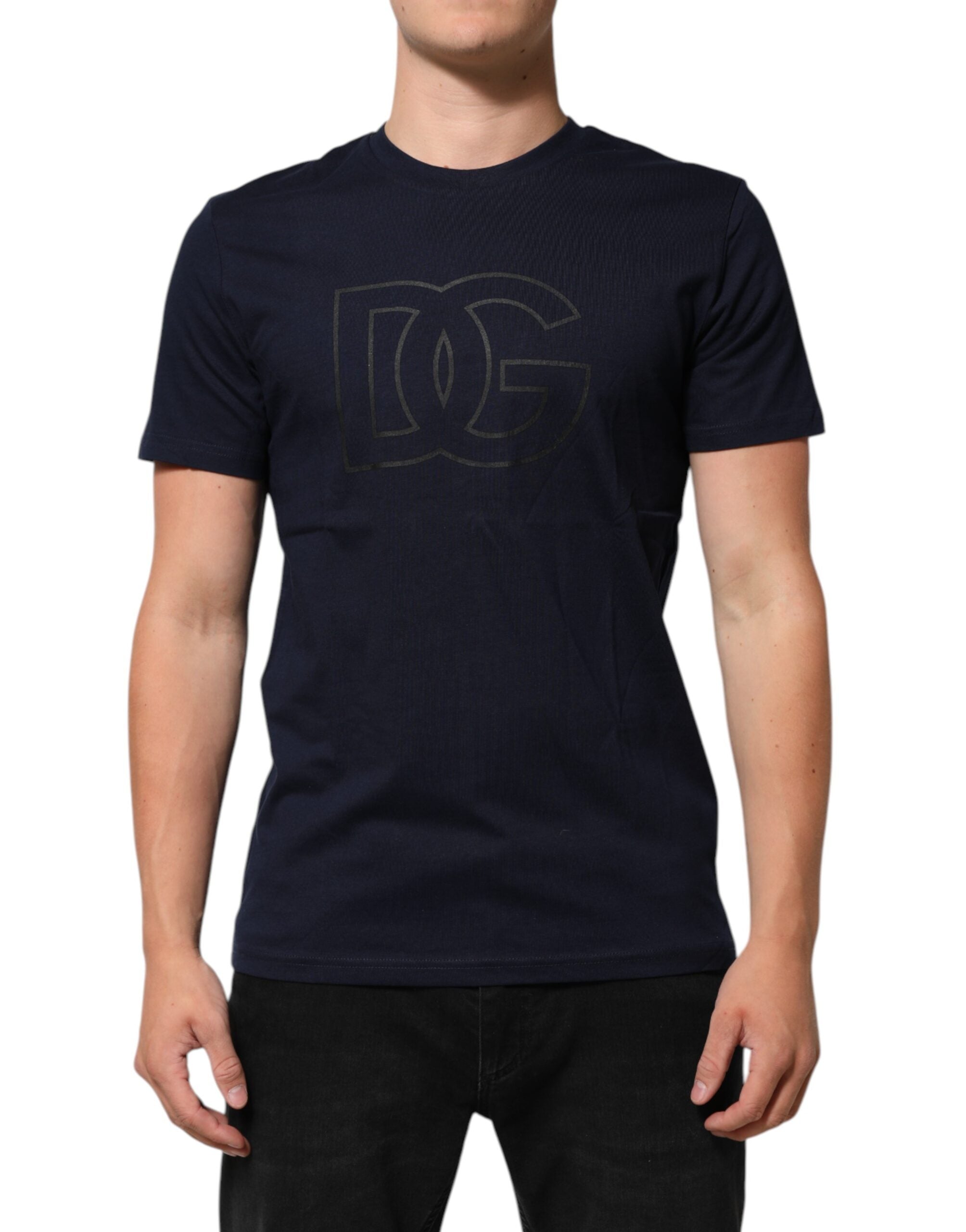 T-shirt Top Uomo Dolce & Gabbana in Cotone Blu Scuro con Stampa Logo DG