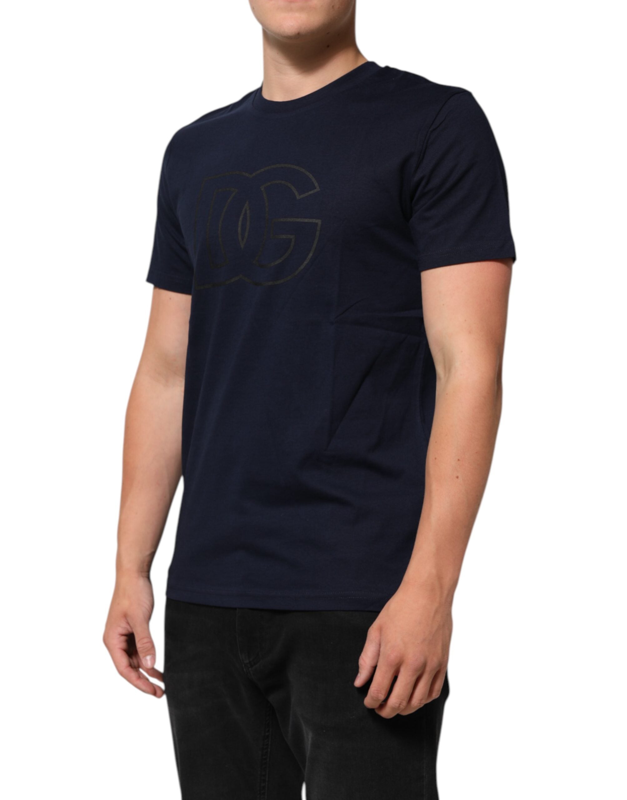T-shirt Top Uomo Dolce & Gabbana in Cotone Blu Scuro con Stampa Logo DG
