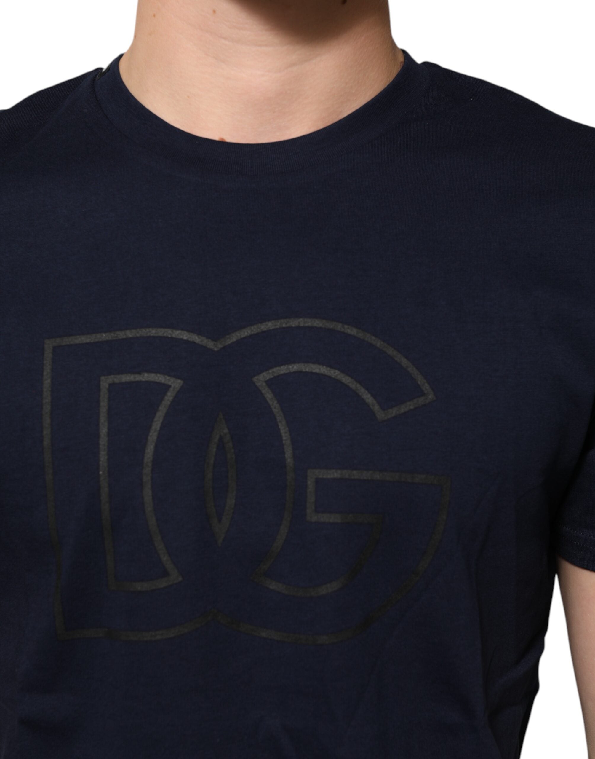 T-shirt Top Uomo Dolce & Gabbana in Cotone Blu Scuro con Stampa Logo DG