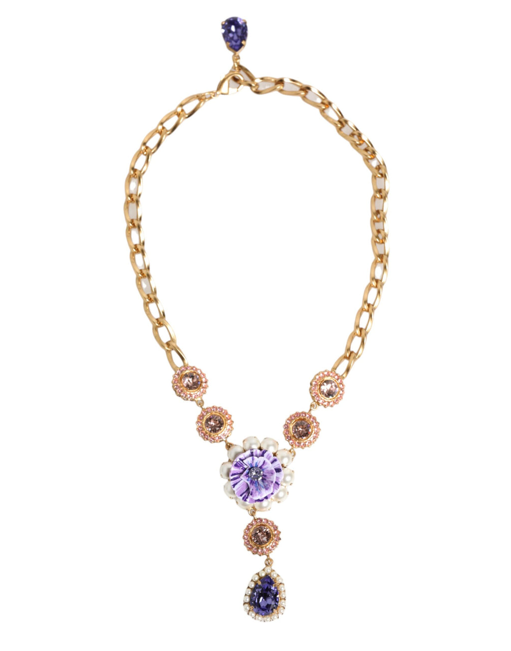 Collana con Pendente Floreale Dolce & Gabbana in Ottone Dorato, Cristalli e Perle Viola