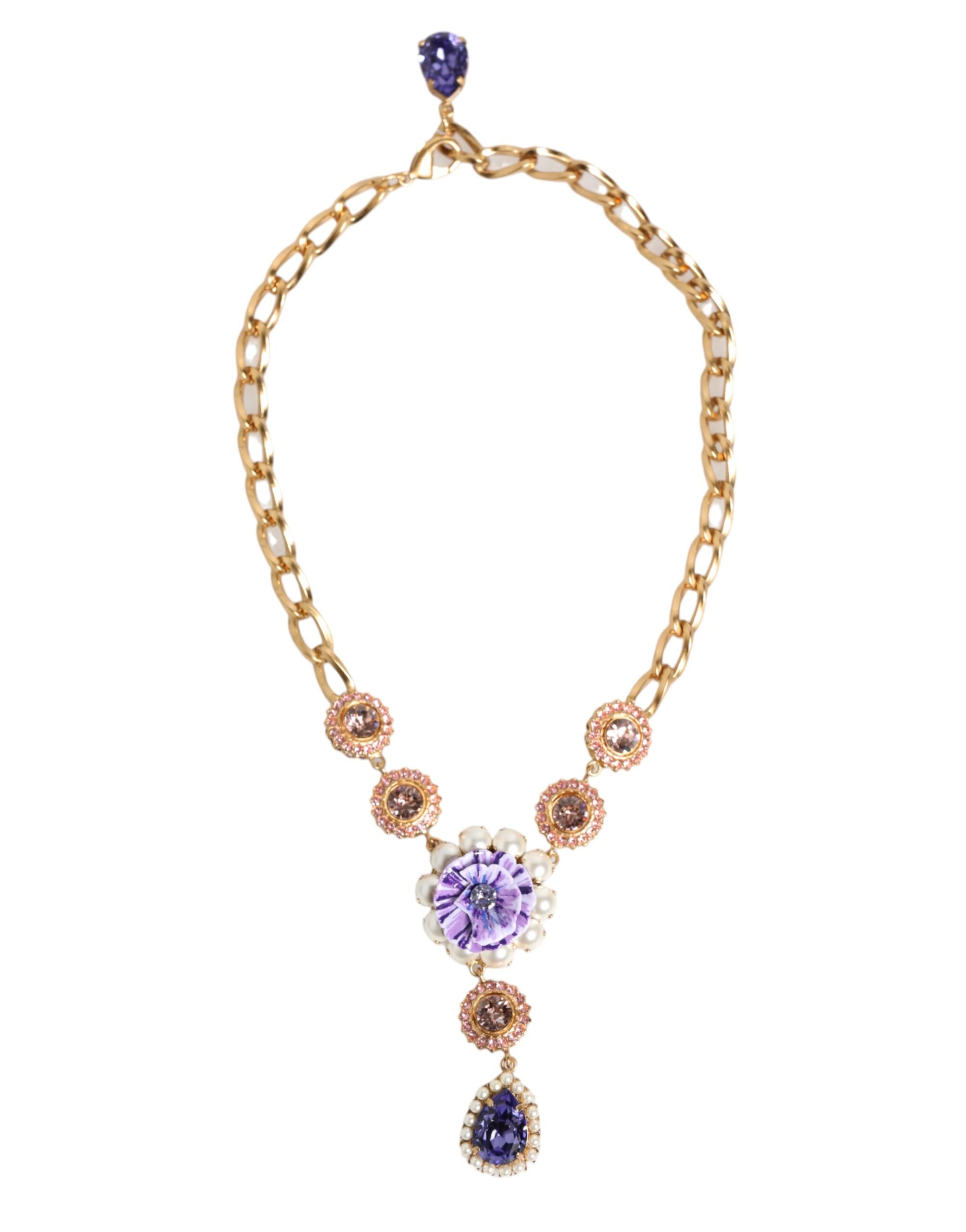 Collana con Pendente Floreale Dolce & Gabbana in Ottone Dorato, Cristalli e Perle Viola