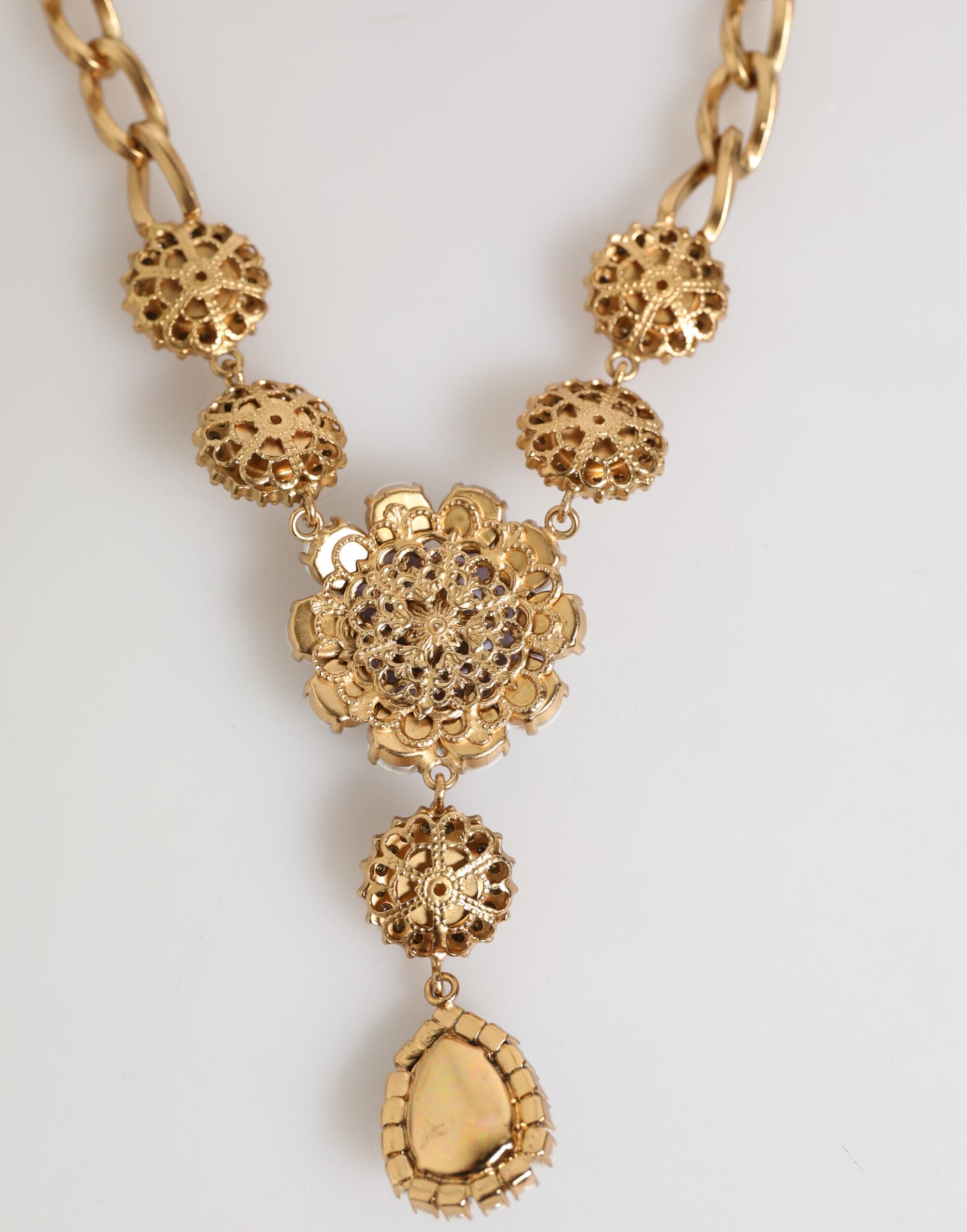 Collana con Pendente Floreale Dolce & Gabbana in Ottone Dorato, Cristalli e Perle Viola