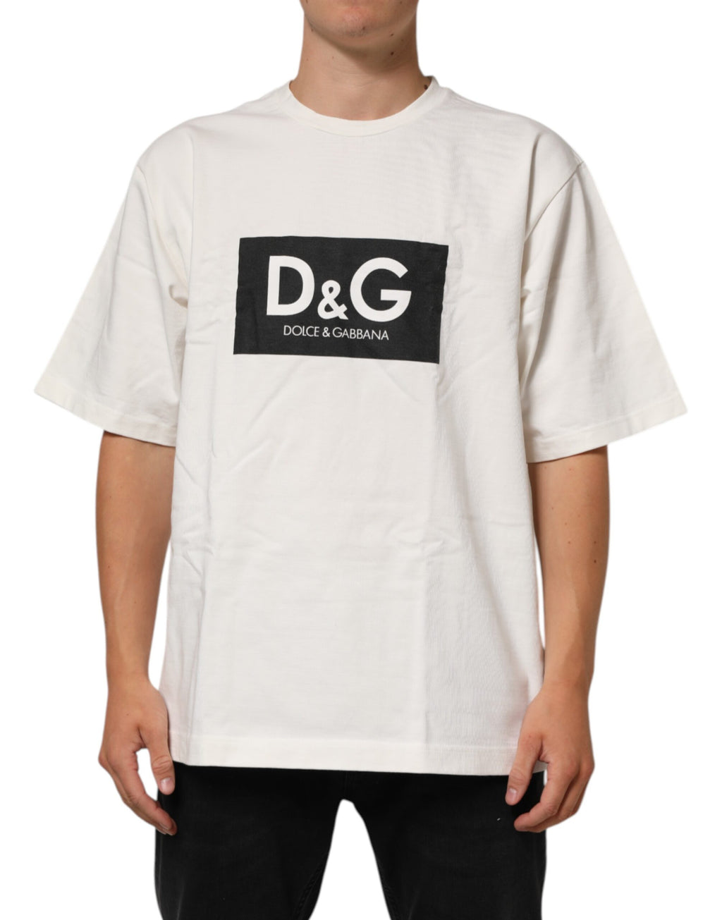 T-shirt da uomo girocollo in cotone bianco con stampa logo Dolce & Gabbana
