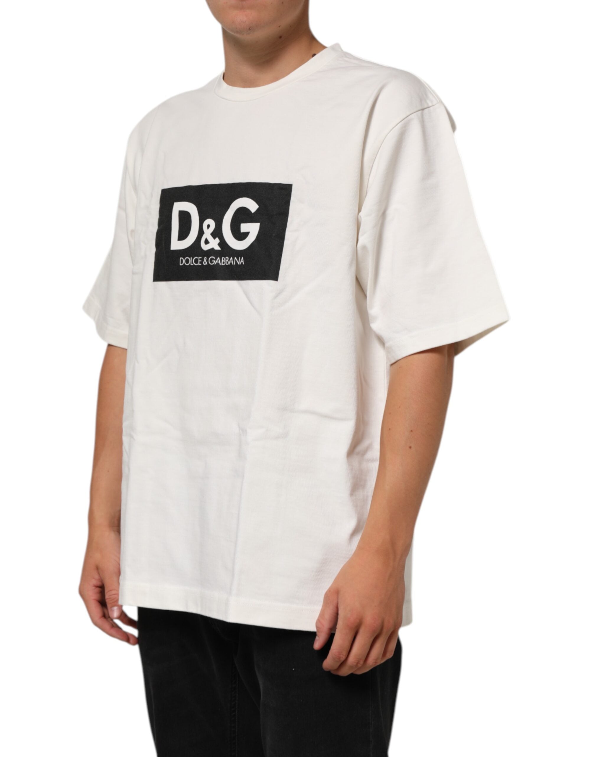 T-shirt da uomo girocollo in cotone bianco con stampa logo Dolce & Gabbana