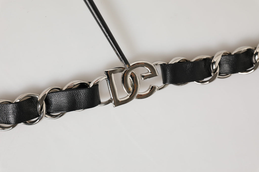 Dolce & Gabbana Tracolla Accessoria in Pelle Nera con Catena Argento