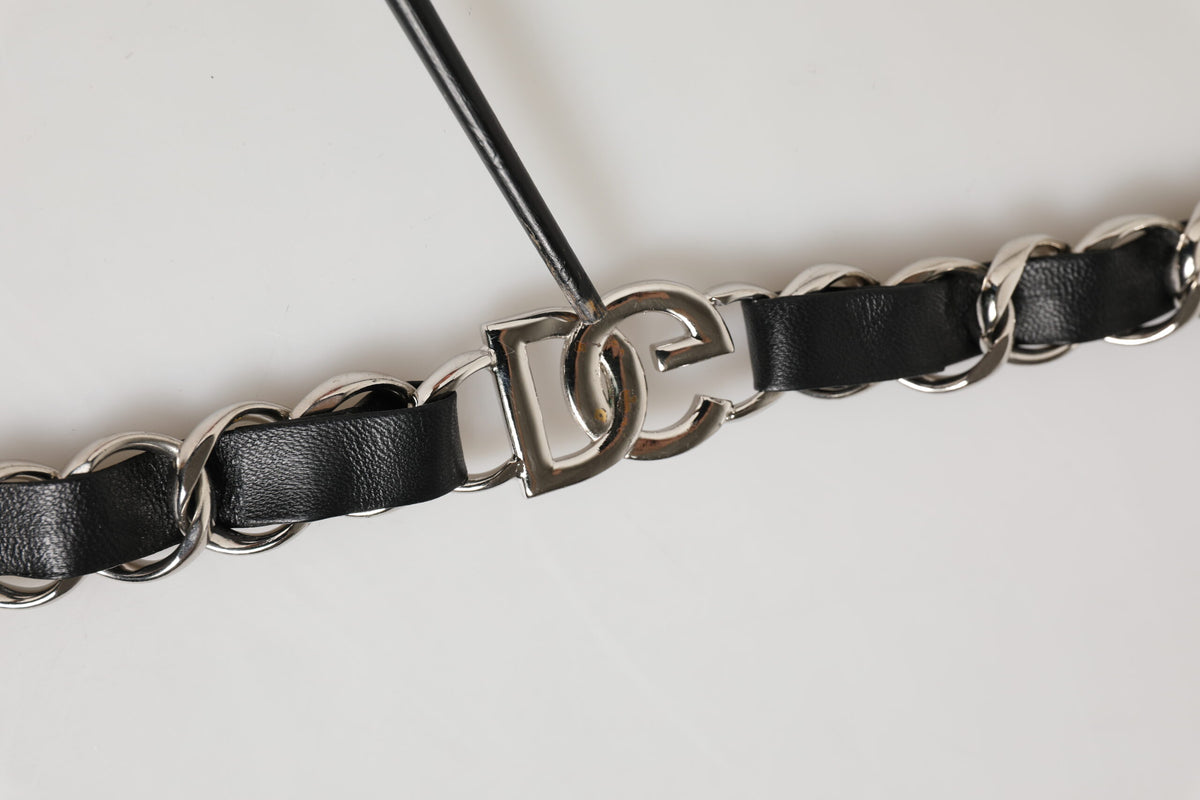 Dolce & Gabbana Tracolla Accessoria in Pelle Nera con Catena Argento