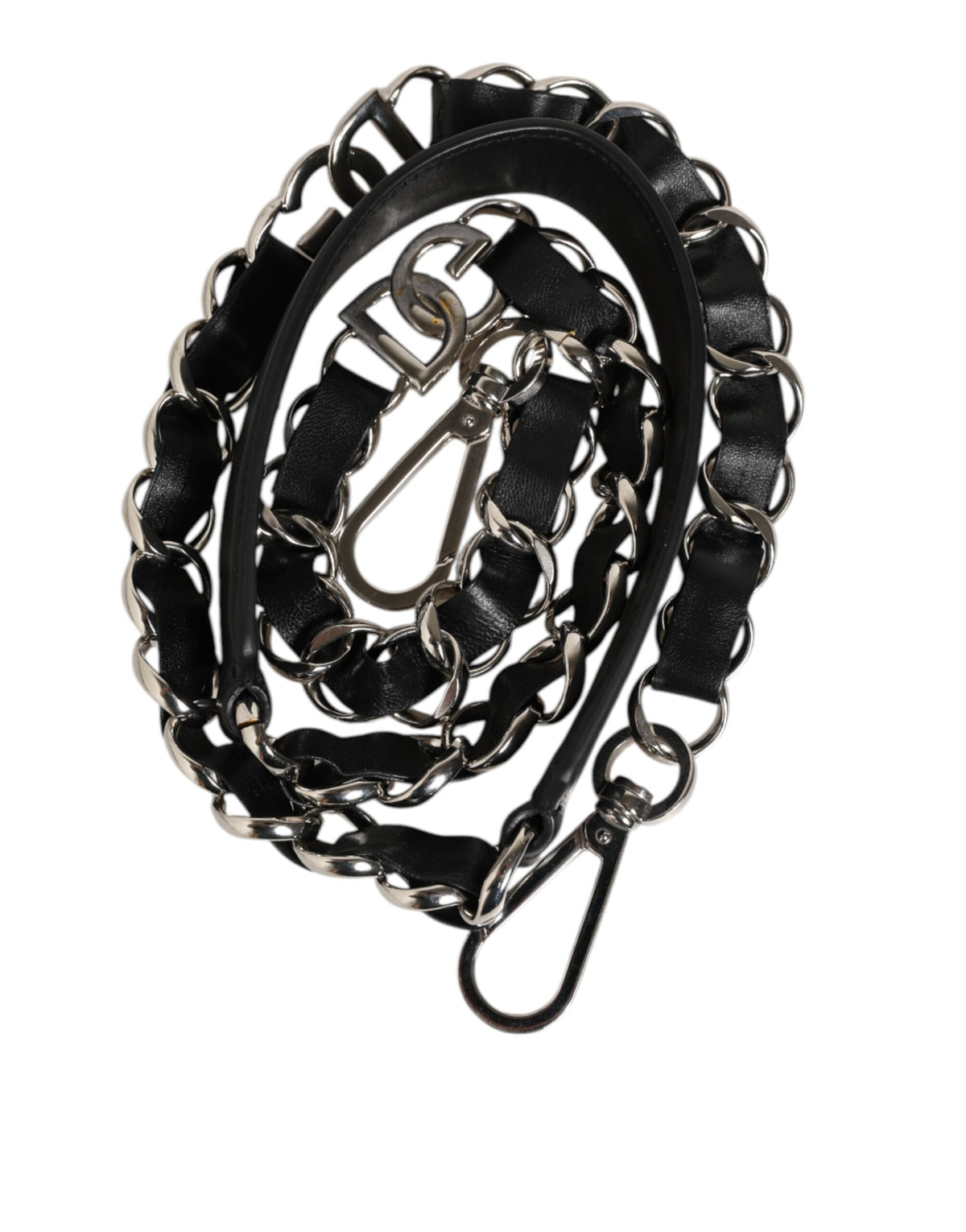 Dolce & Gabbana Tracolla Accessoria in Pelle Nera con Catena Argento