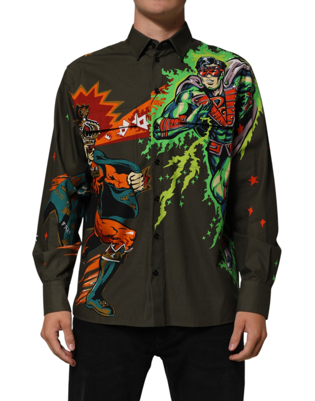 Camicia con bottoni e stampa Supereroe verde Dolce & Gabbana
