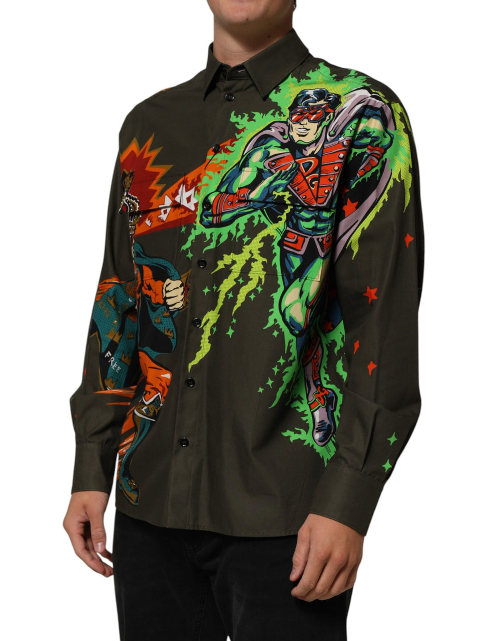 Camicia con bottoni e stampa Supereroe verde Dolce & Gabbana