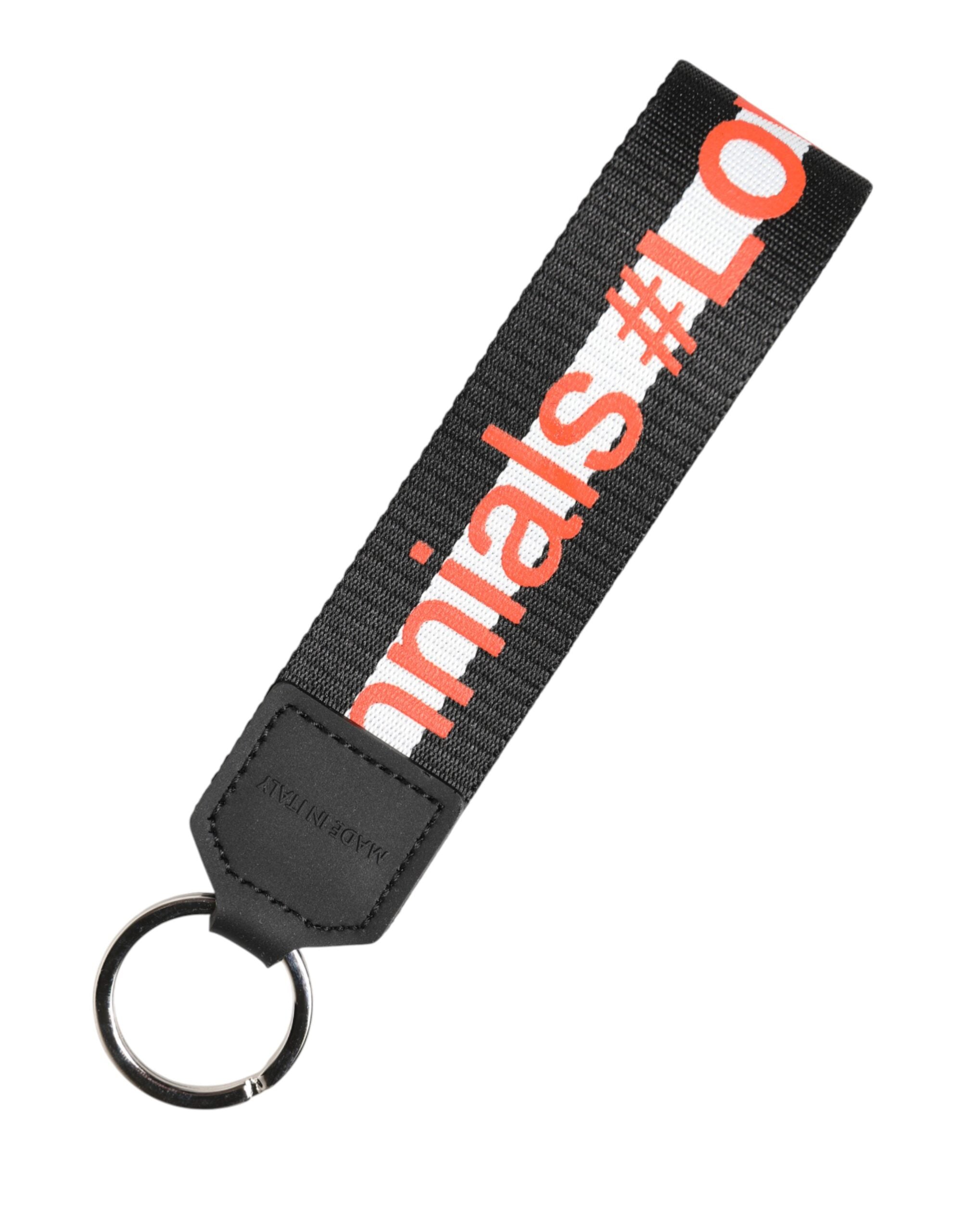 Portachiavi Dolce & Gabbana nero in poliestere con logo e supporto in ottone argentato