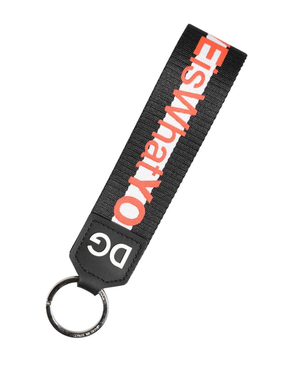 Portachiavi Dolce & Gabbana nero in poliestere con logo e supporto in ottone argentato