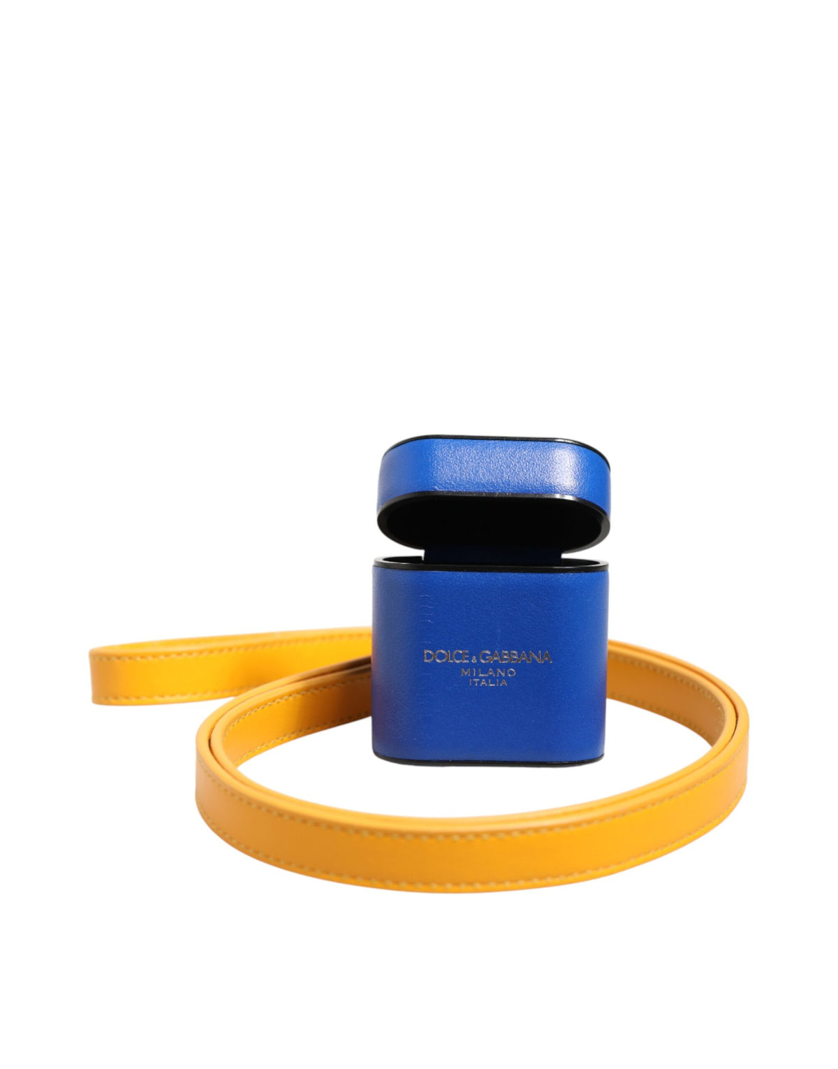 Custodia per Airpods da uomo Dolce & Gabbana in pelle di vitello blu e gialla con logo sul cinturino