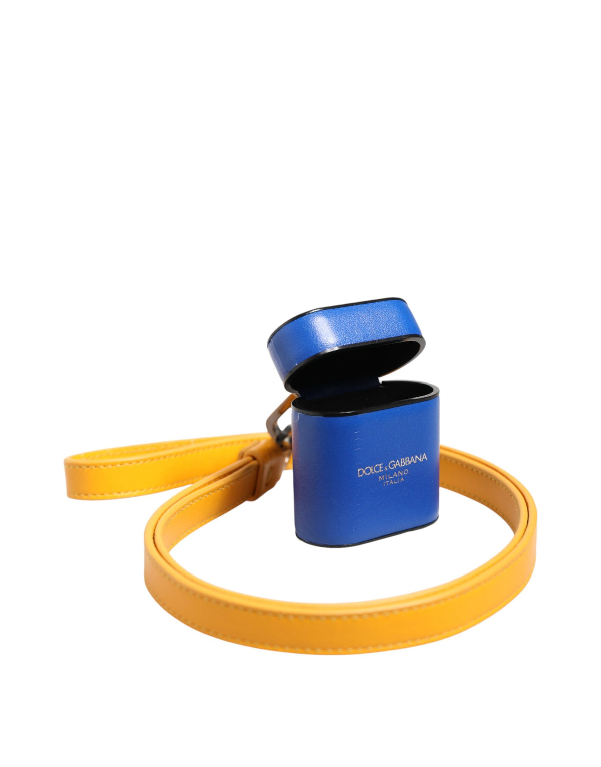 Custodia per Airpods da uomo Dolce & Gabbana in pelle di vitello blu e gialla con logo sul cinturino