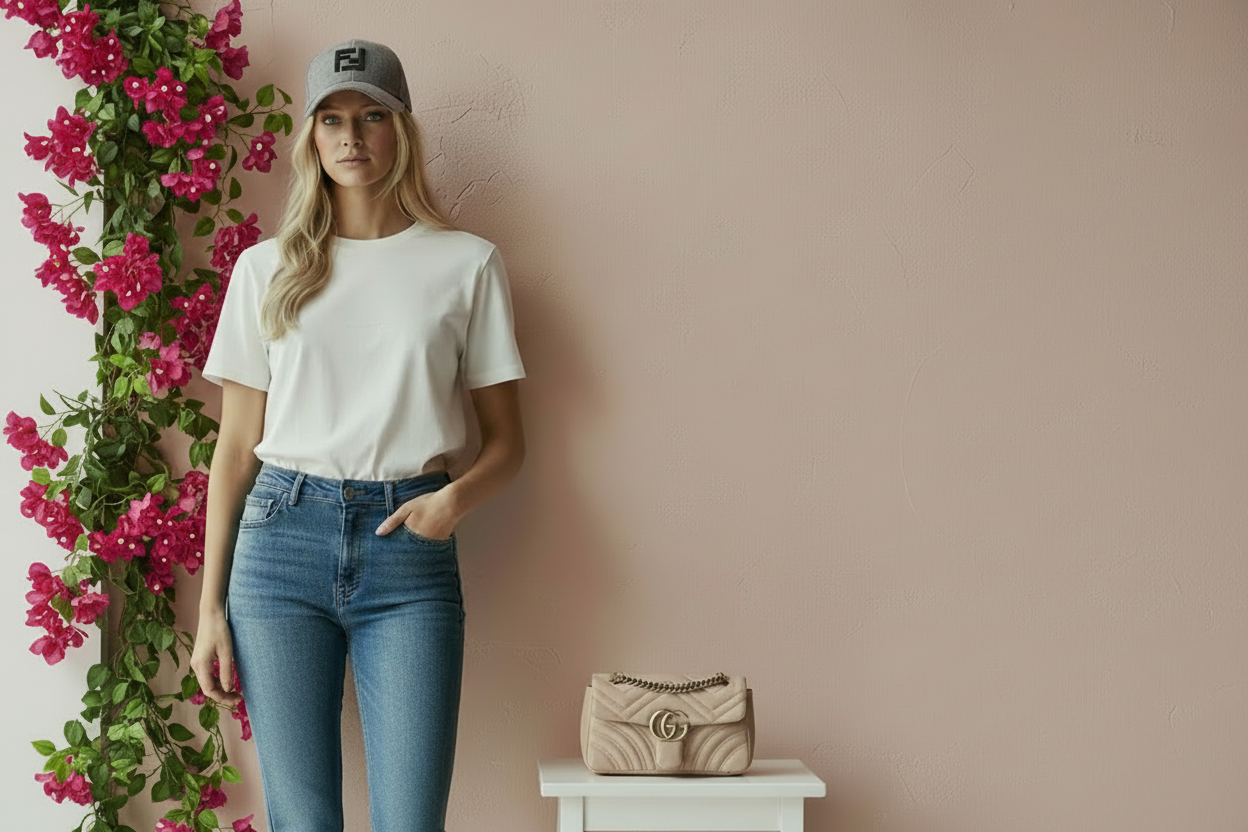 Modella e borsa Gucci visibile per intero